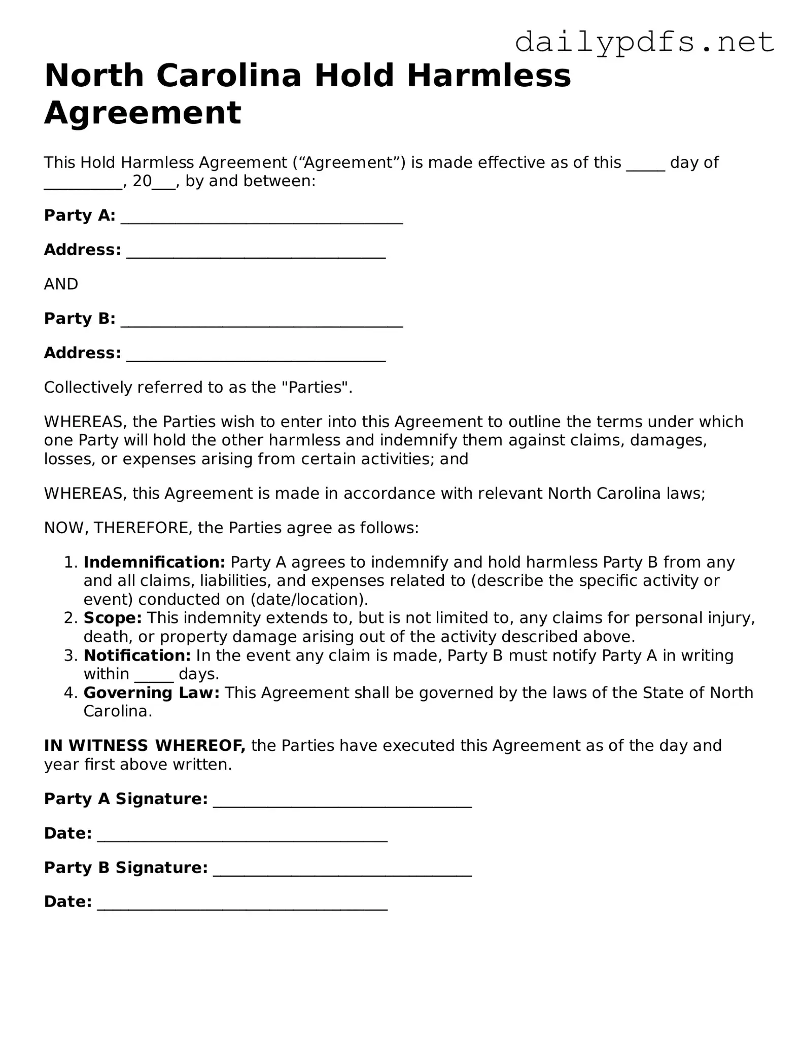 Free  Hold Harmless Agreement Template for North Carolina