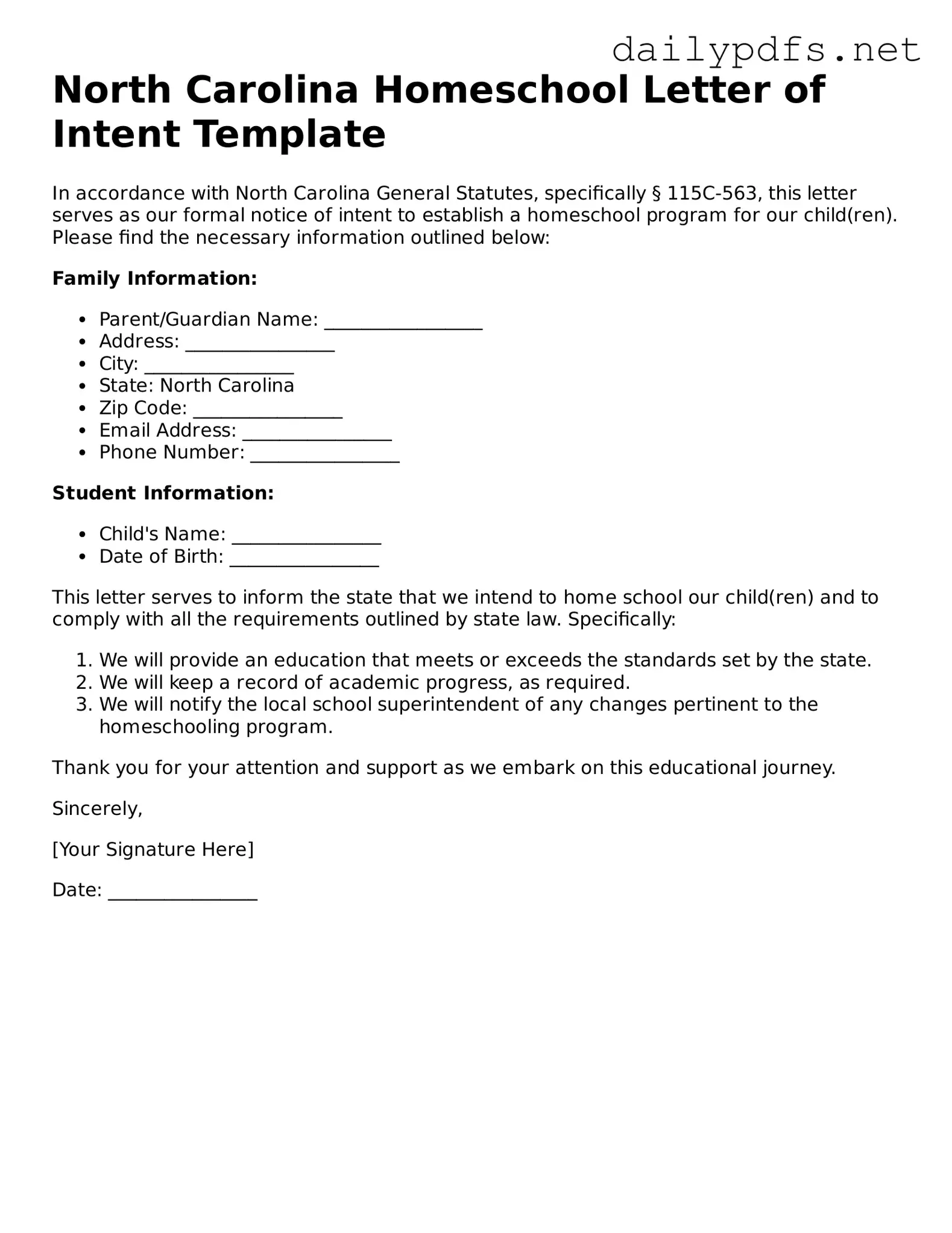 Free  Homeschool Letter of Intent Template for North Carolina