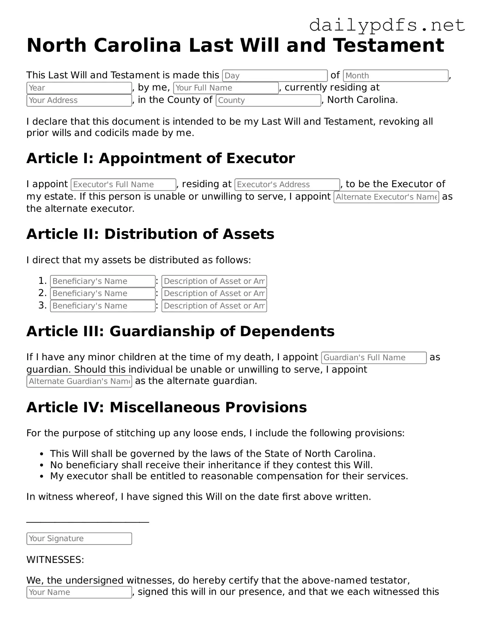 Free  Last Will and Testament Template for North Carolina