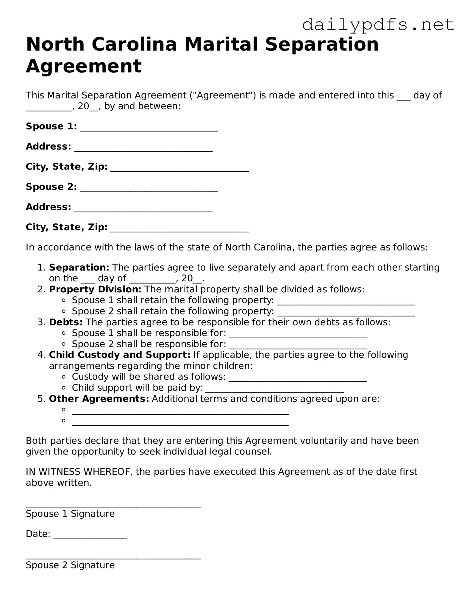 Free  Marital Separation Agreement Template for North Carolina