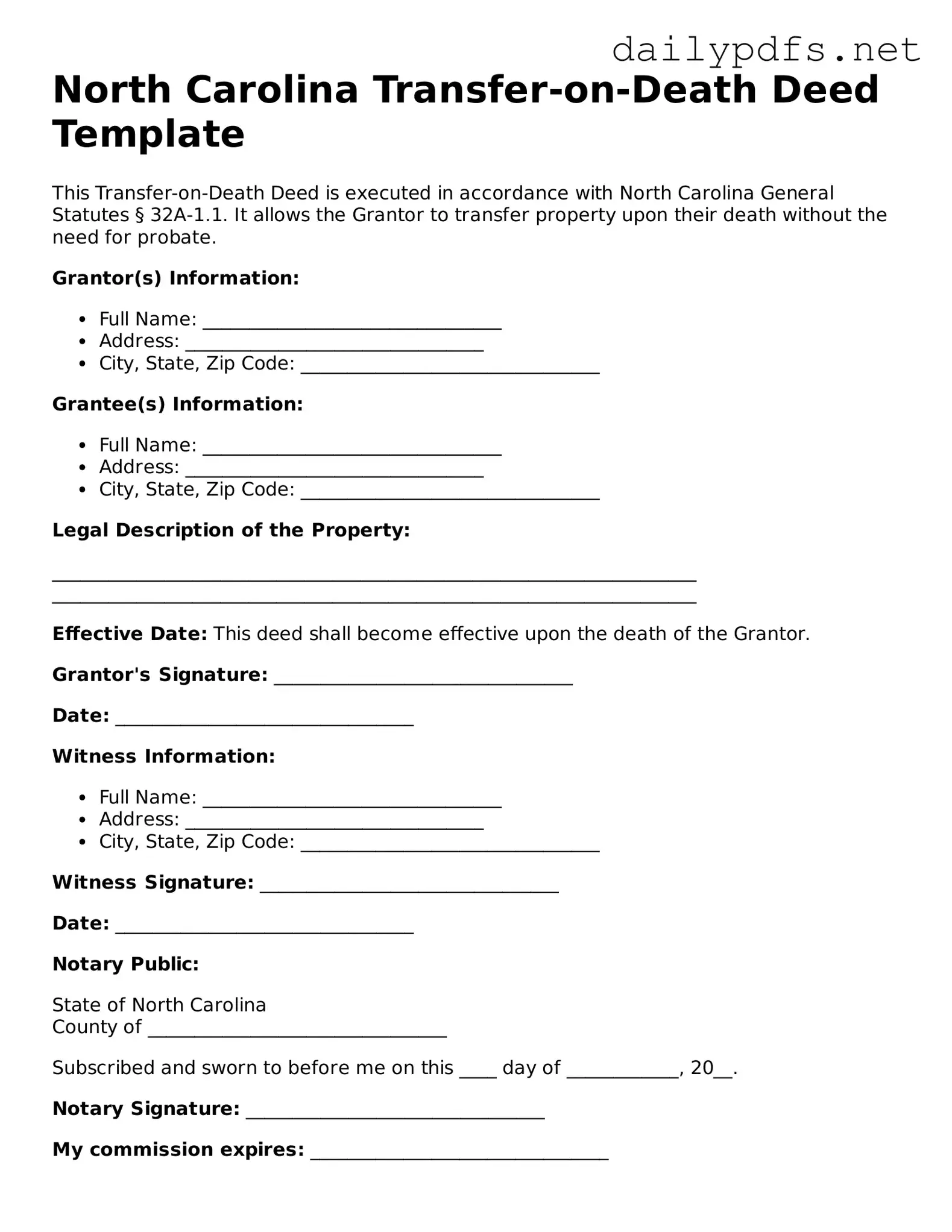 Free  Transfer-on-Death Deed Template for North Carolina