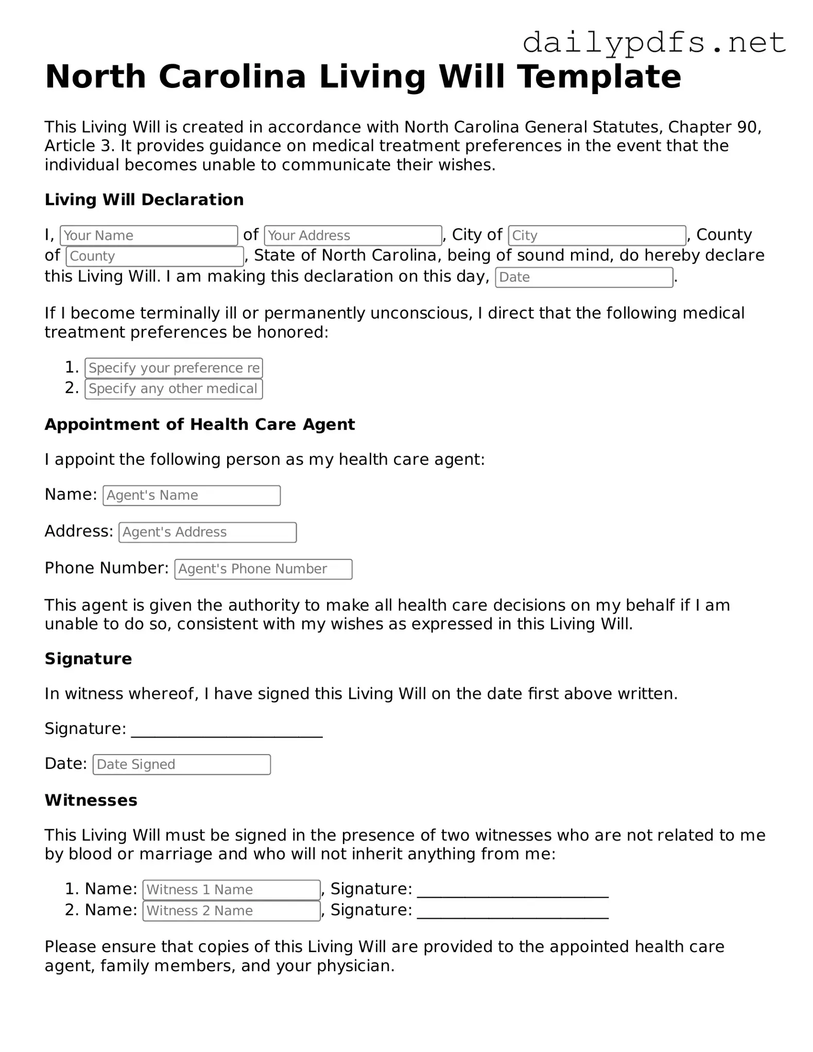 Free  Living Will Template for North Carolina