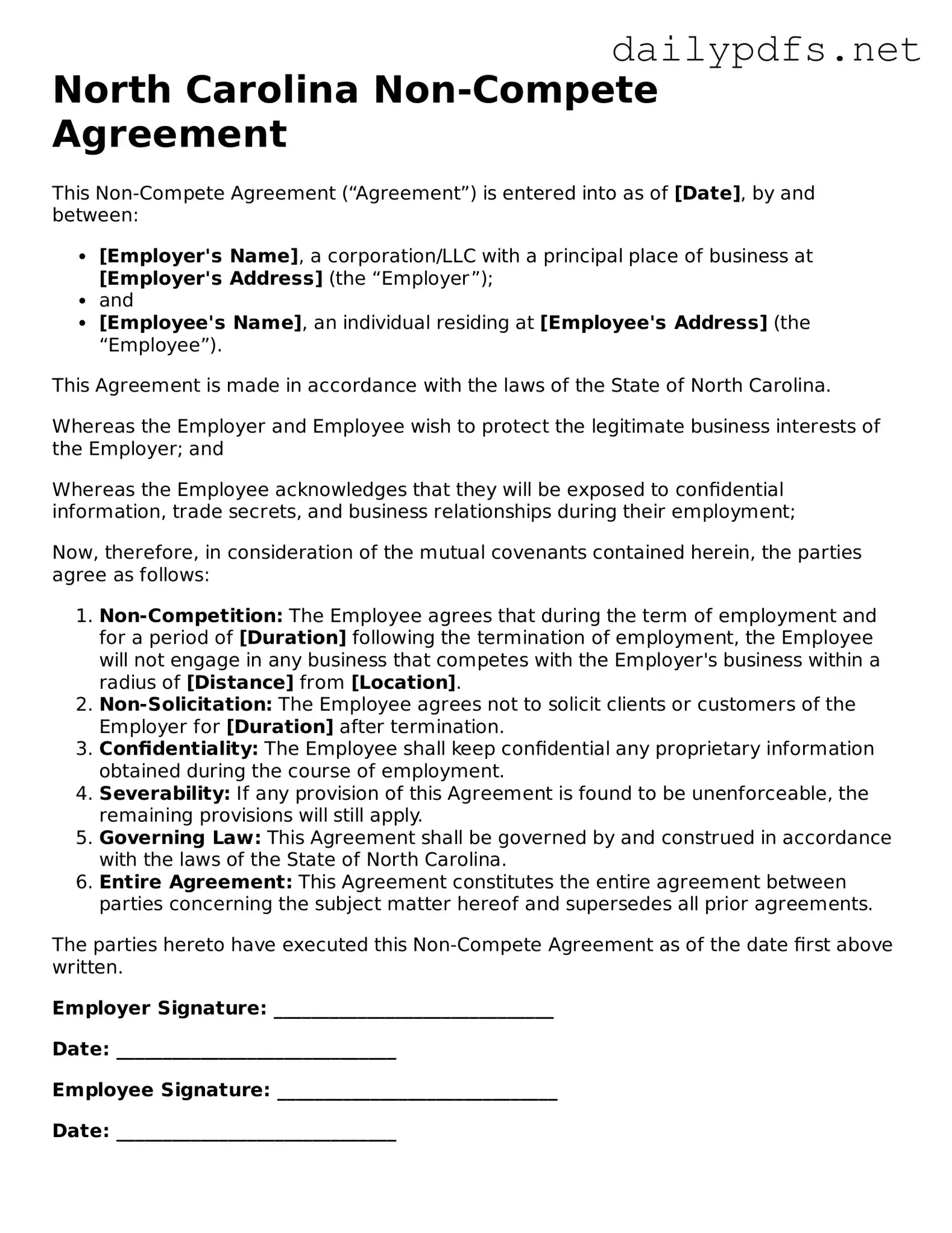Free  Non-compete Agreement Template for North Carolina