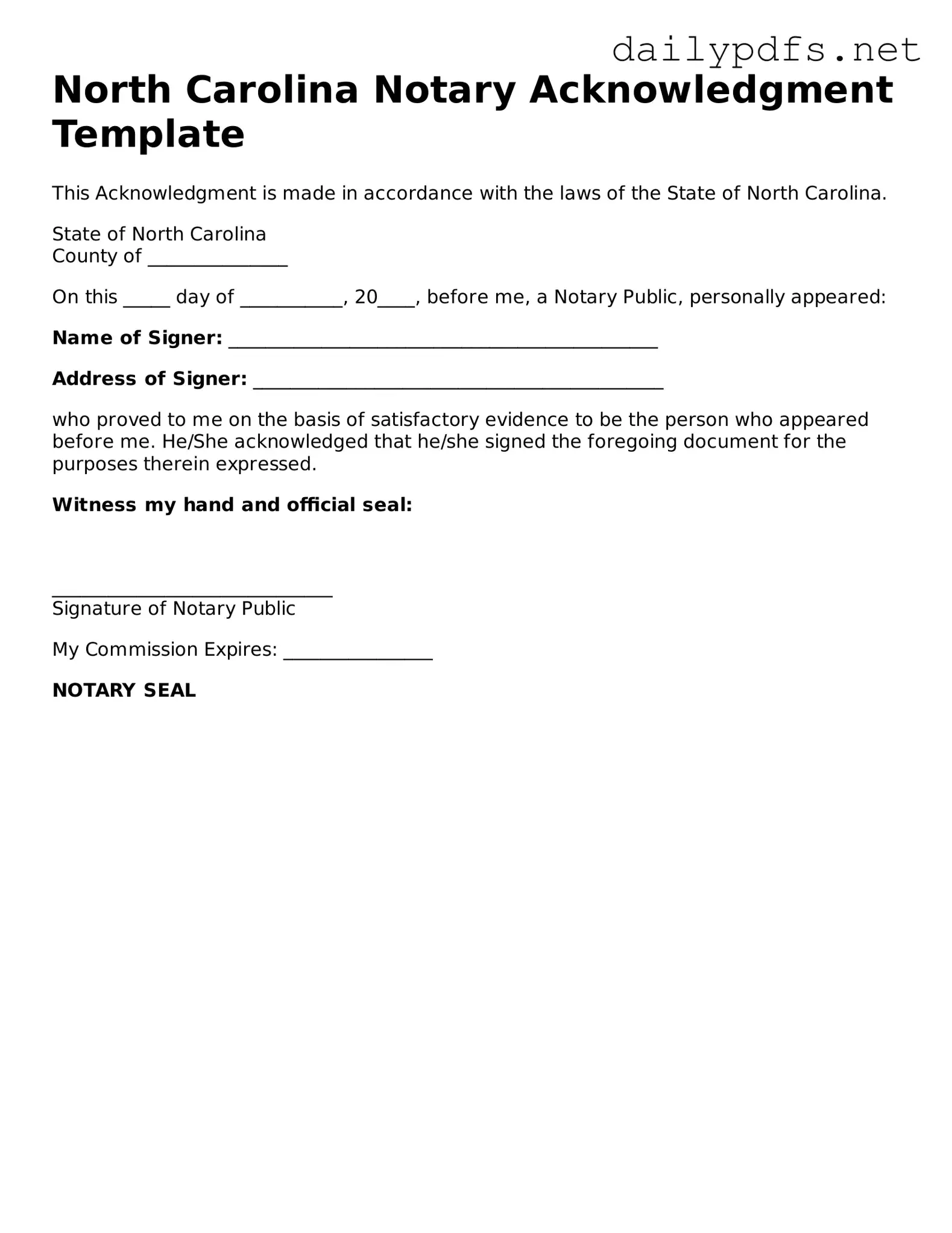 Free  Notary Acknowledgement Template for North Carolina