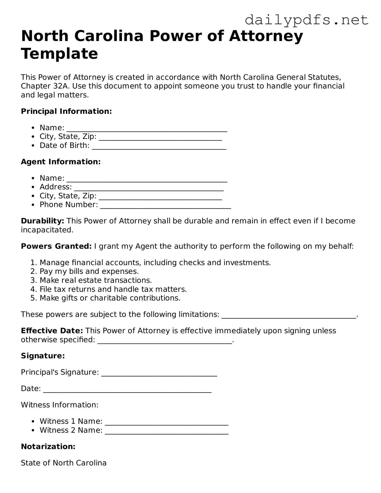 Free  Power of Attorney Template for North Carolina