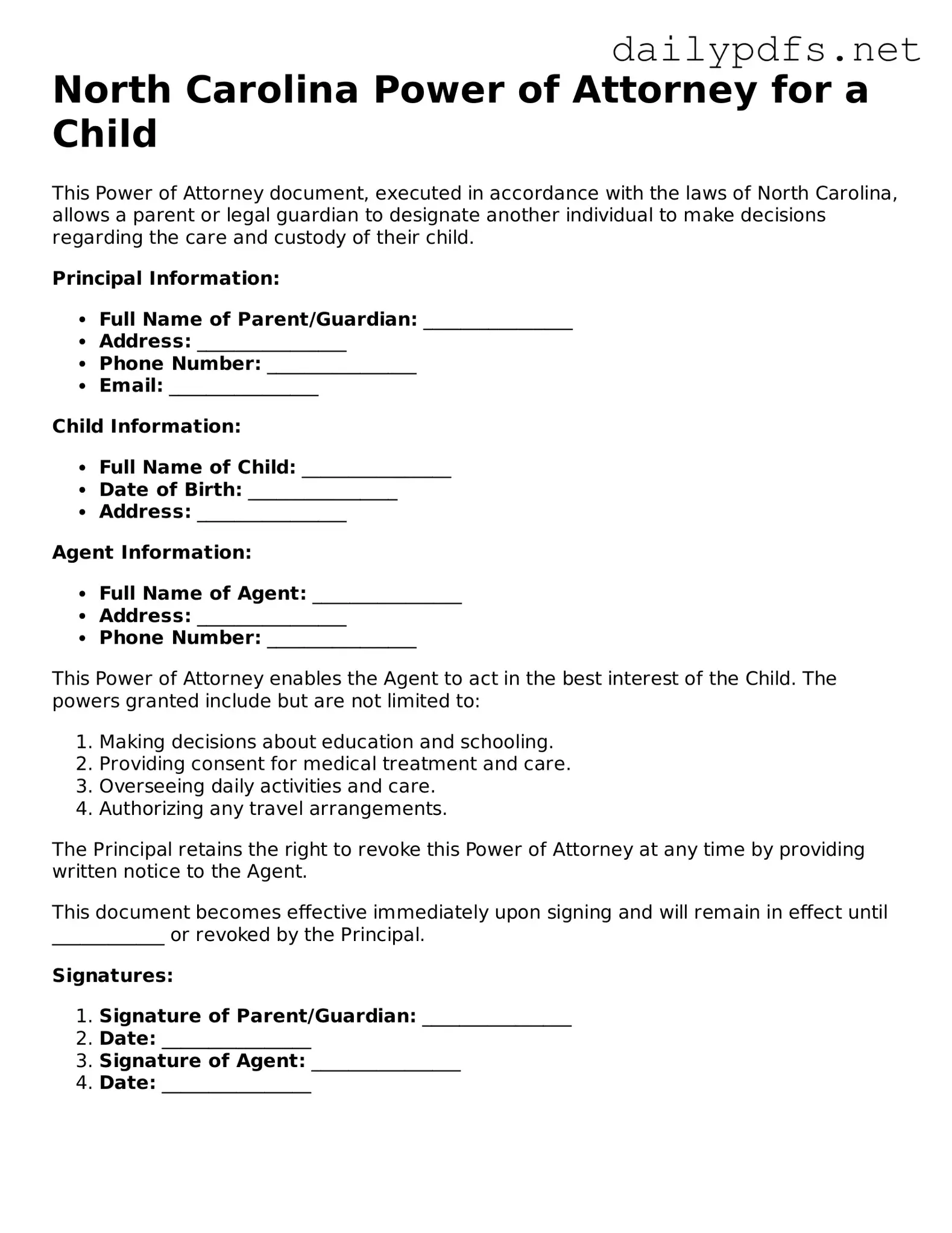 Free  Power of Attorney for a Child Template for North Carolina