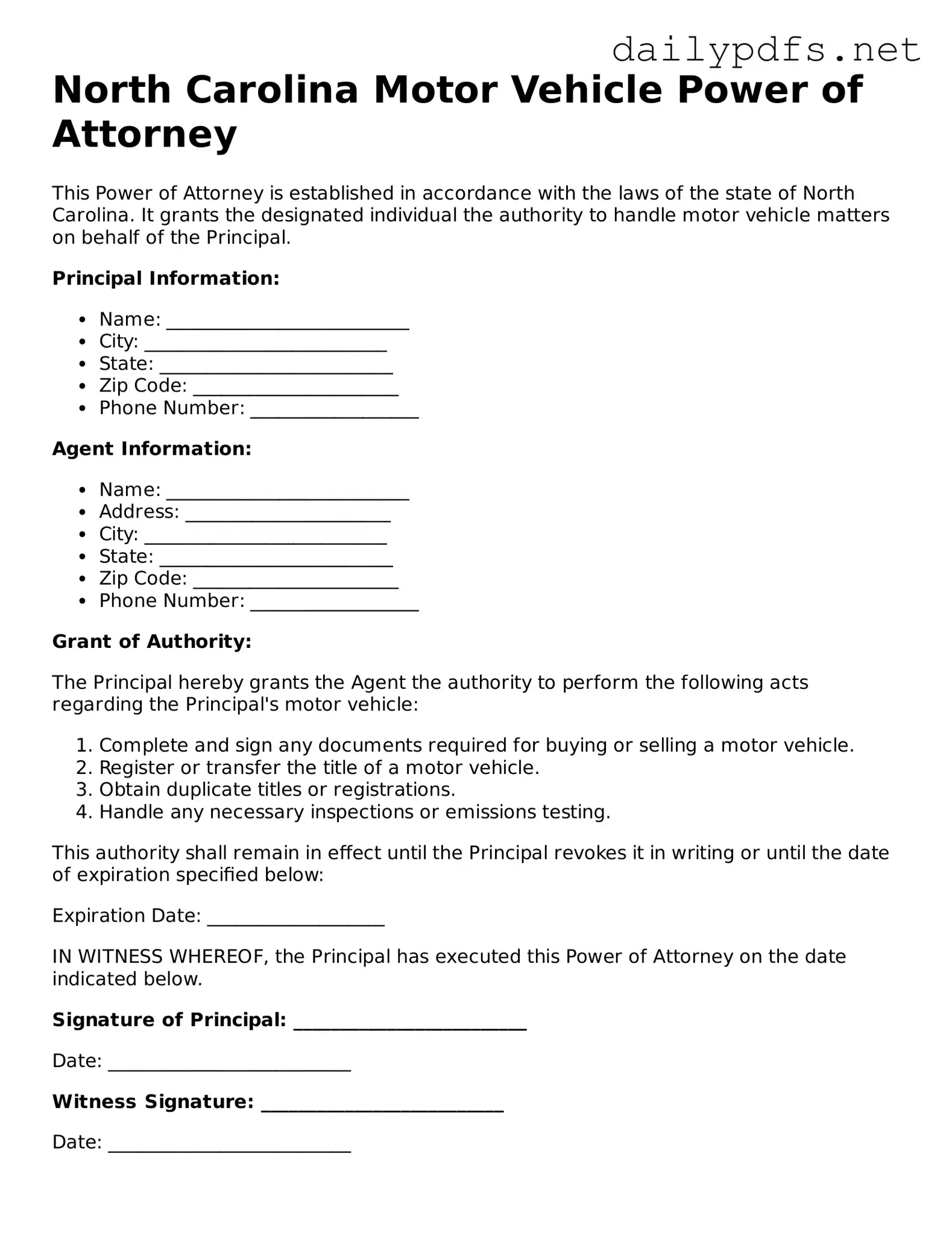 Free  Motor Vehicle Power of Attorney Template for North Carolina