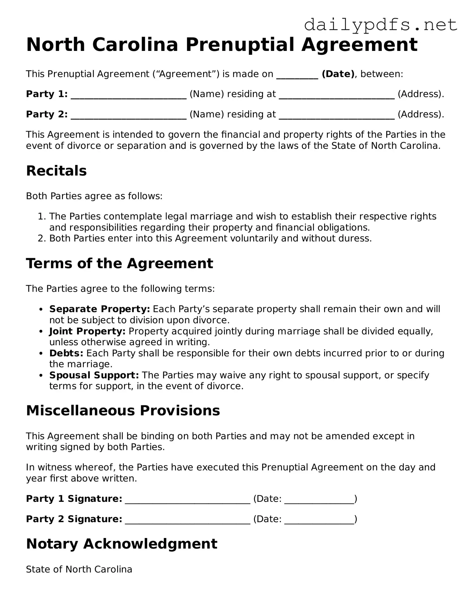 Free  Prenuptial Agreement Template for North Carolina