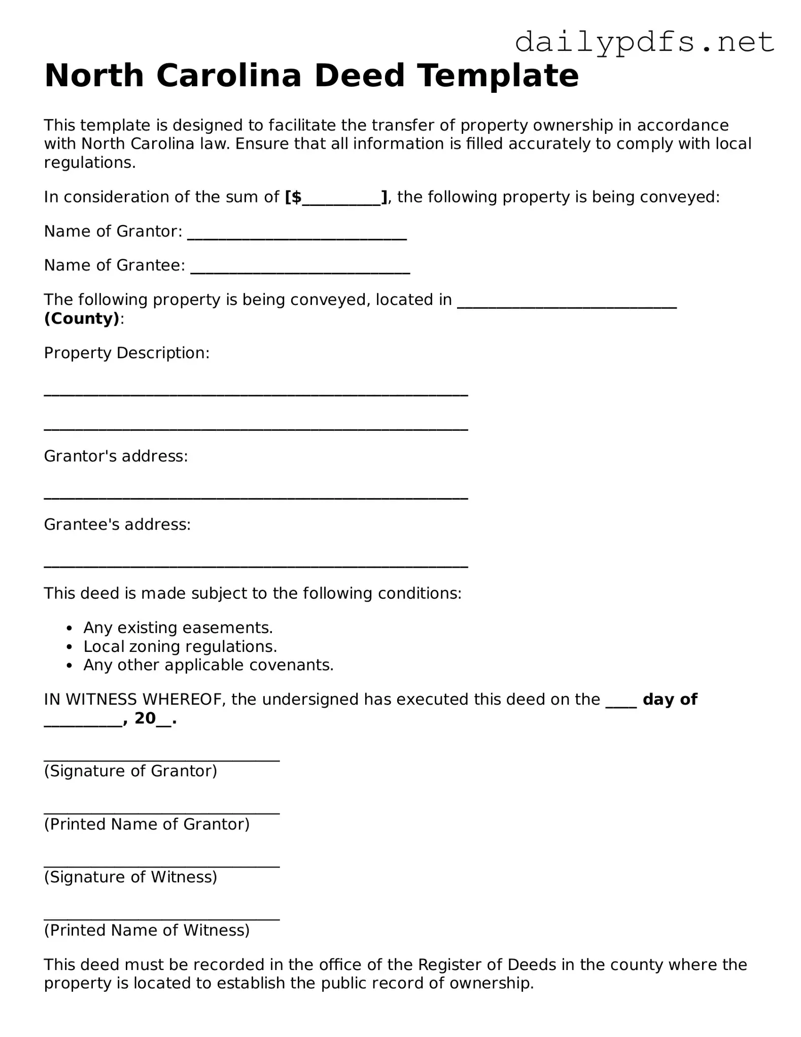 Free  Deed Template for North Carolina
