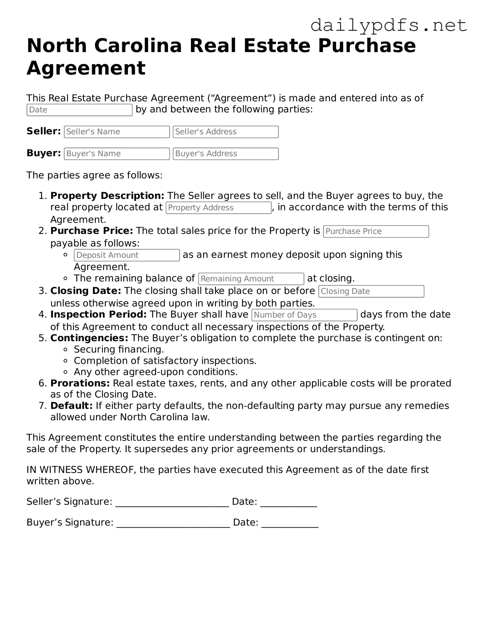 Free  Real Estate Purchase Agreement Template for North Carolina