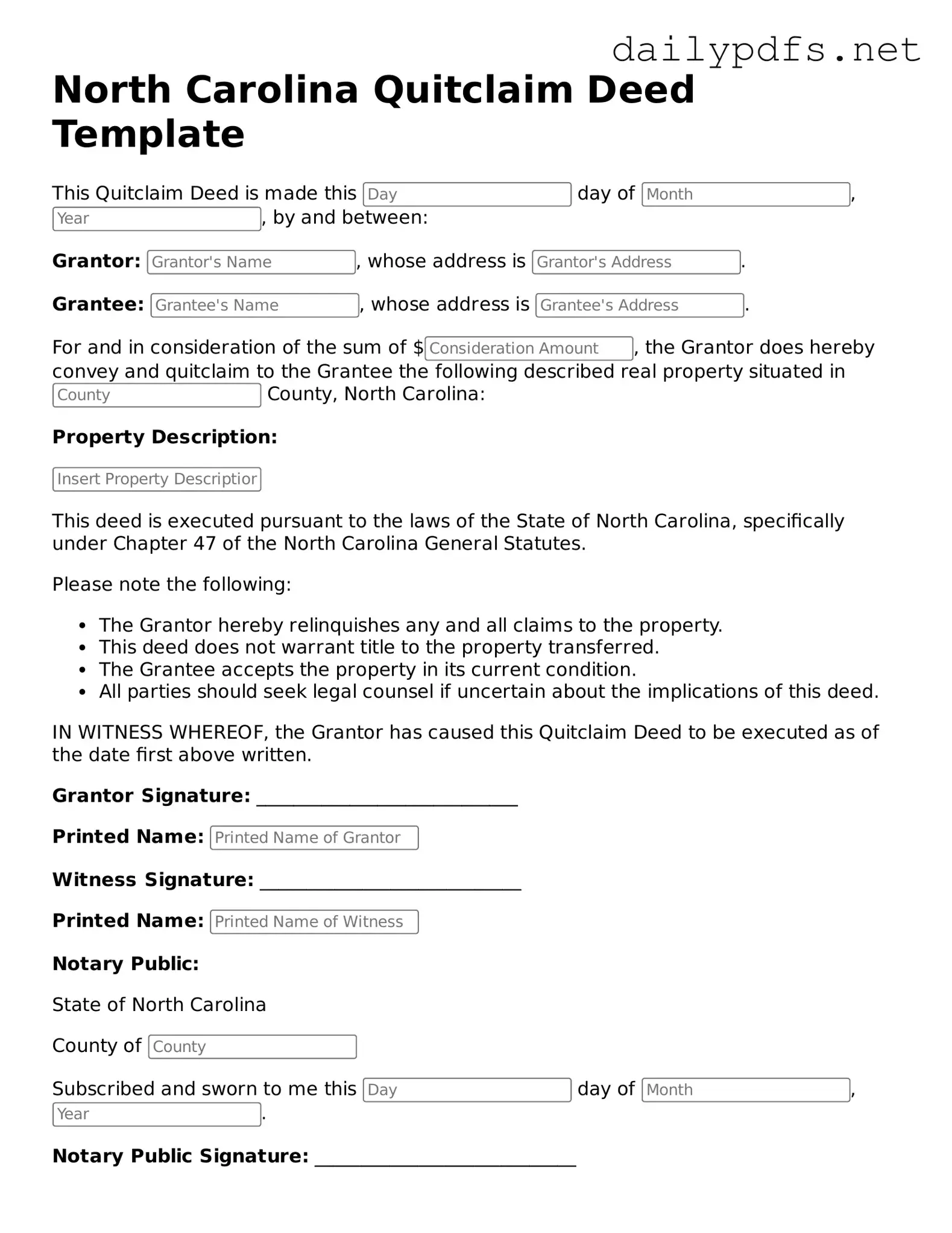 Free  Quitclaim Deed Template for North Carolina
