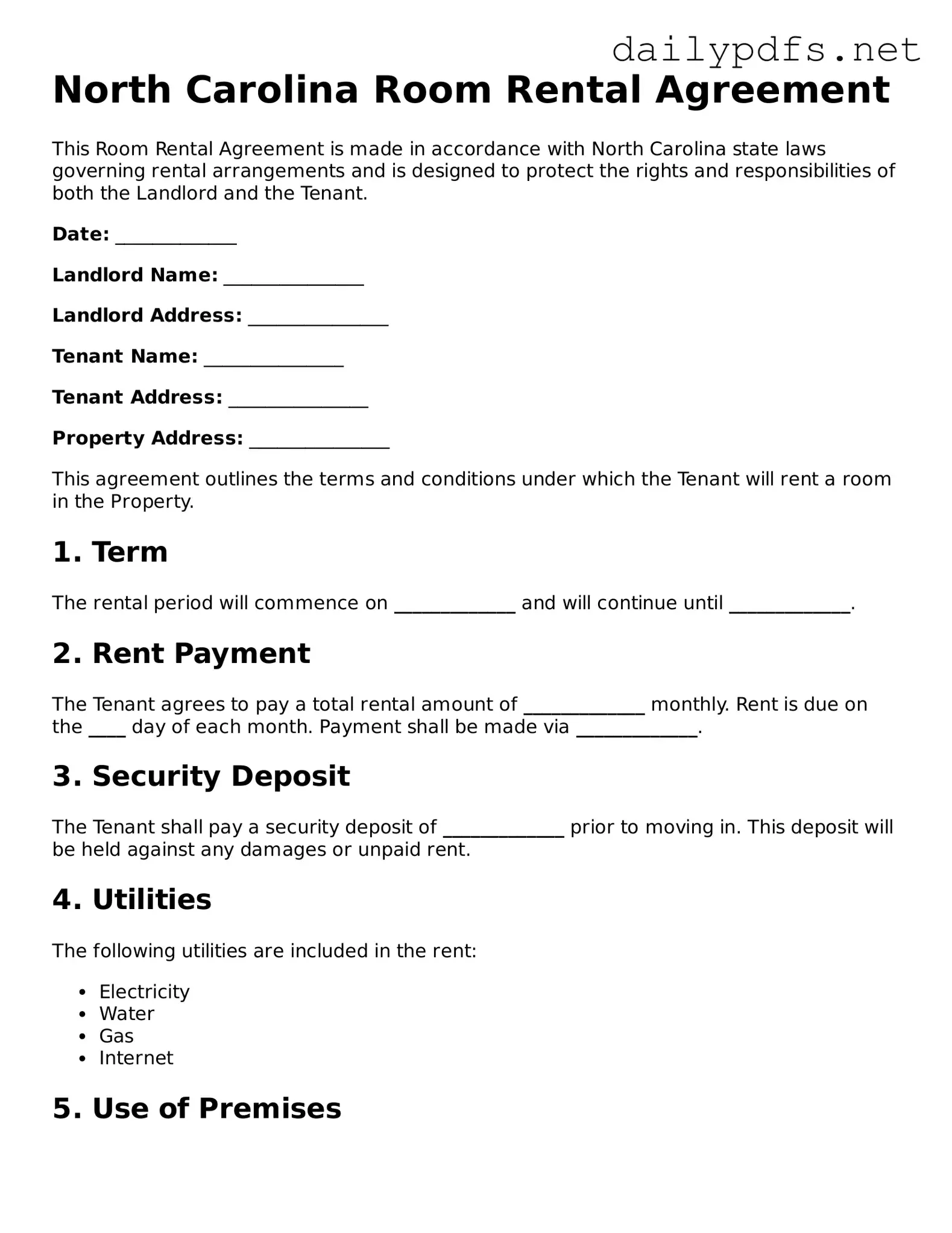 Free  Room Rental Agreement Template for North Carolina
