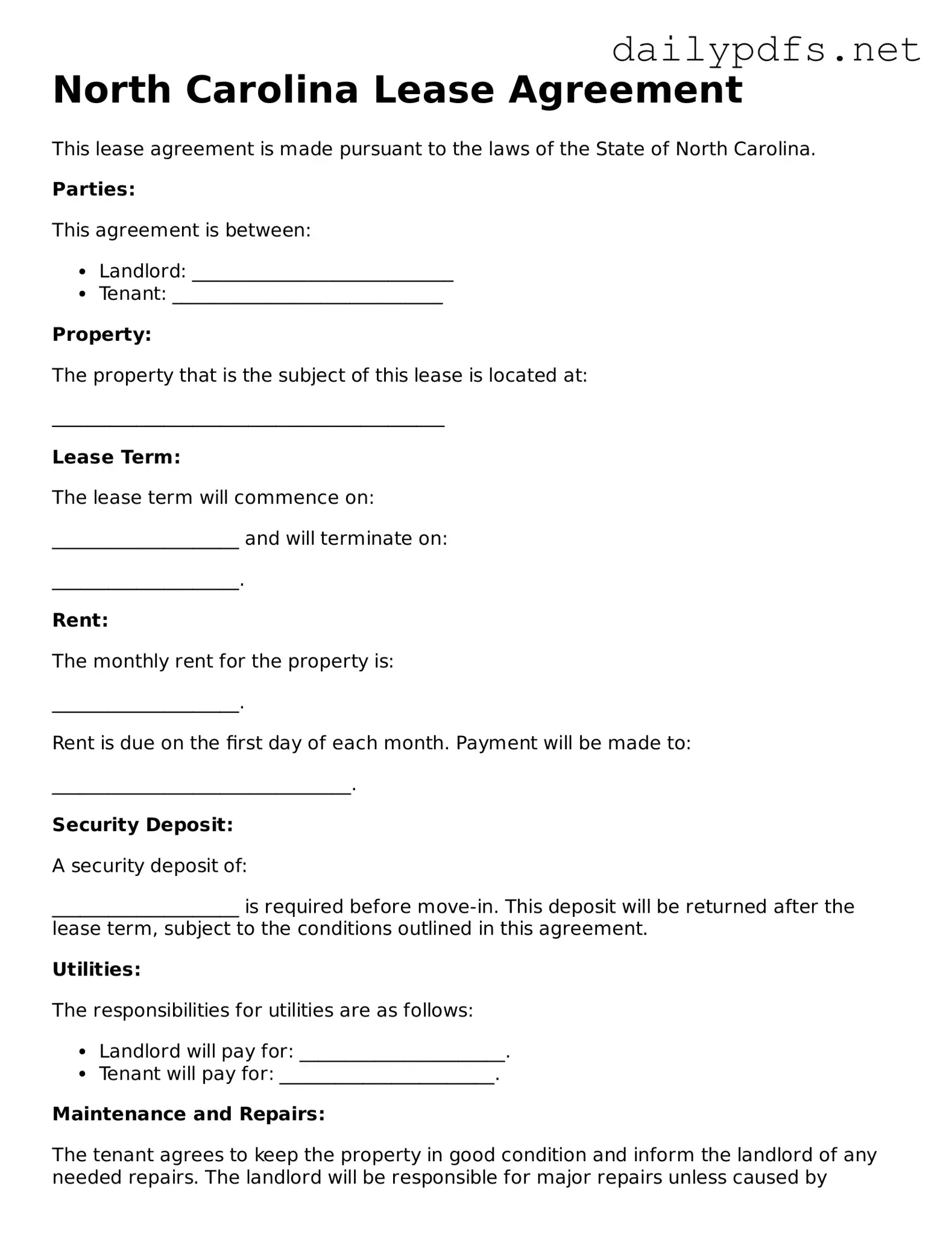 Free  Lease Agreement Template for North Carolina