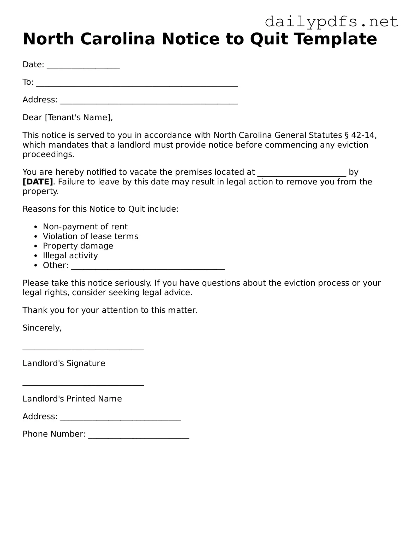 Free  Notice to Quit Template for North Carolina