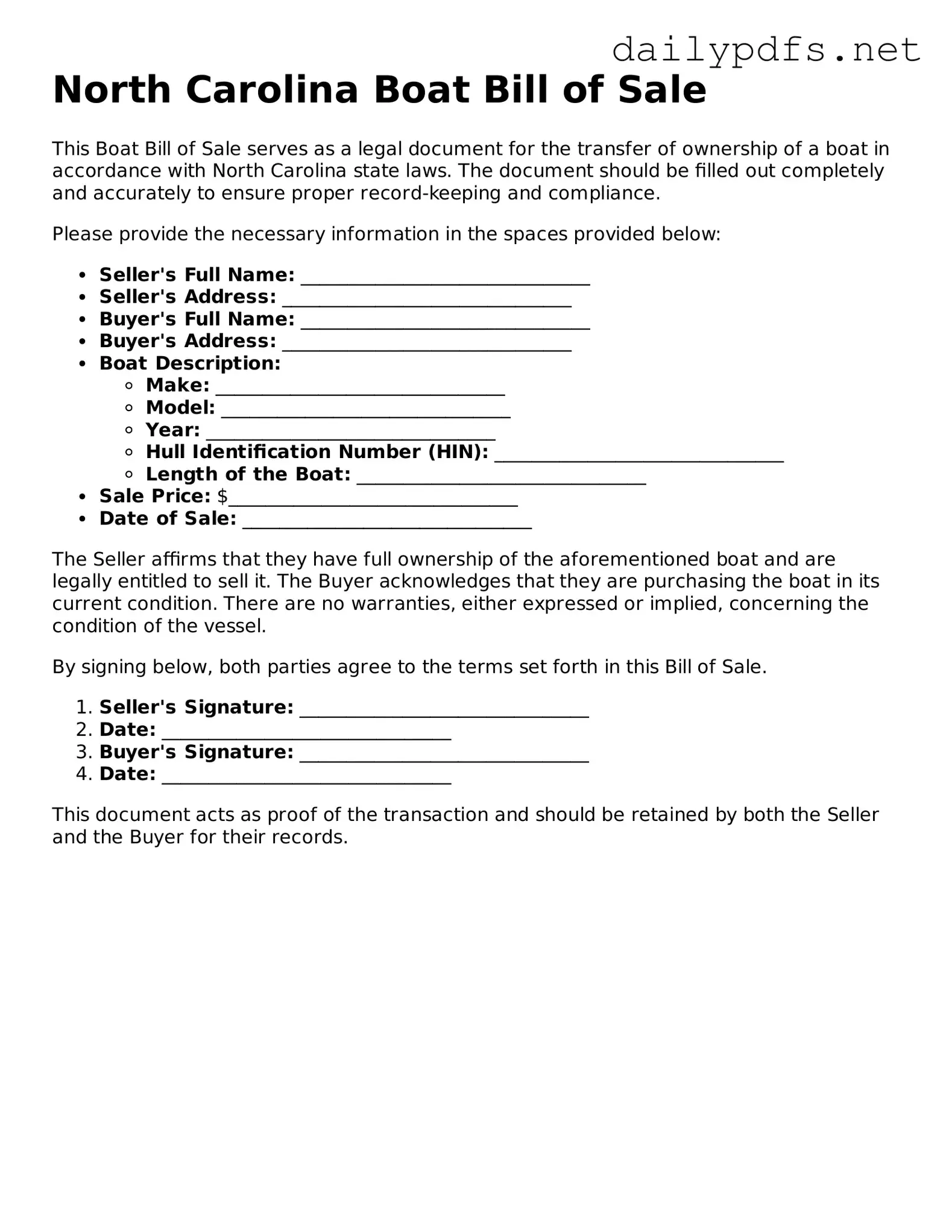 Free  Boat Bill of Sale Template for North Carolina
