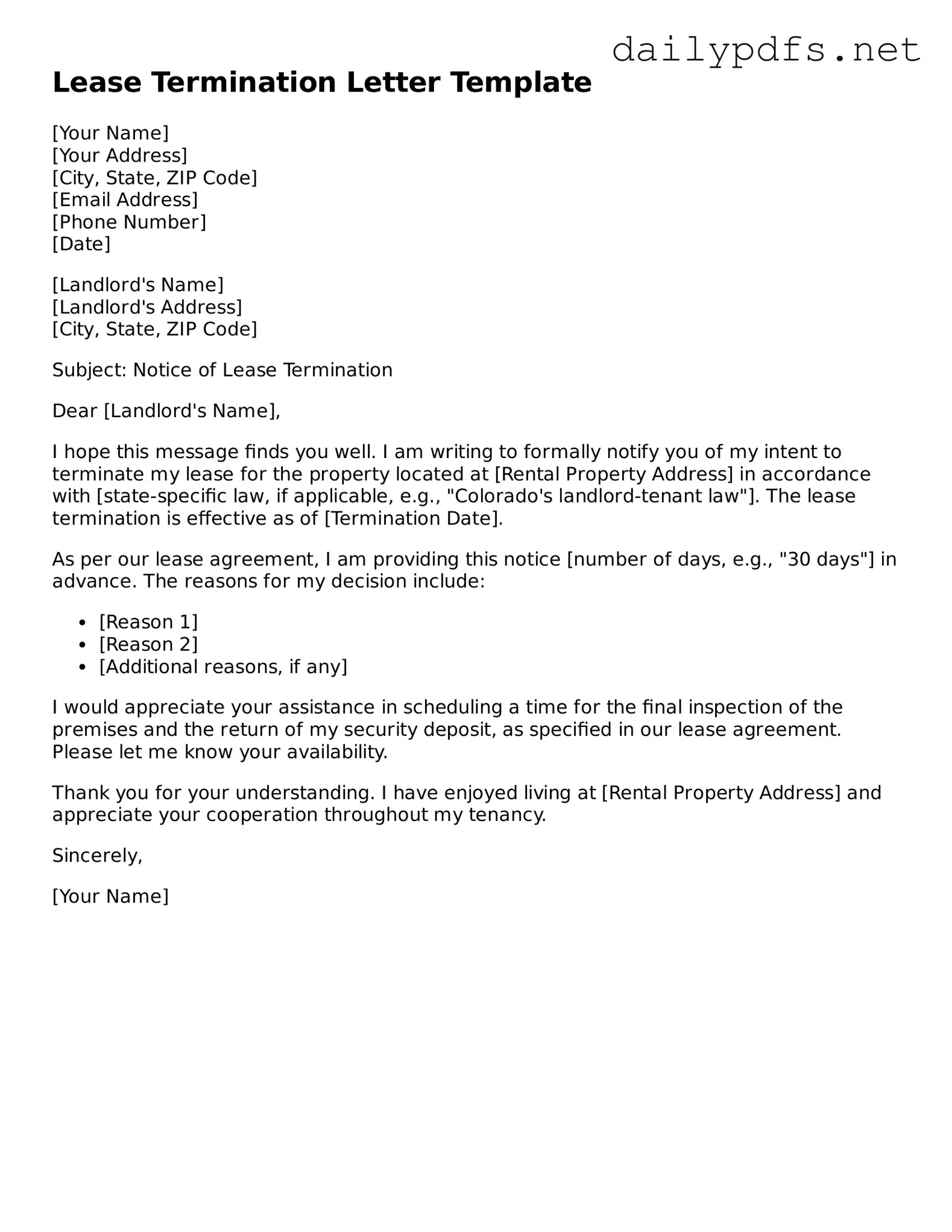 Printable Lease Termination Letter Document