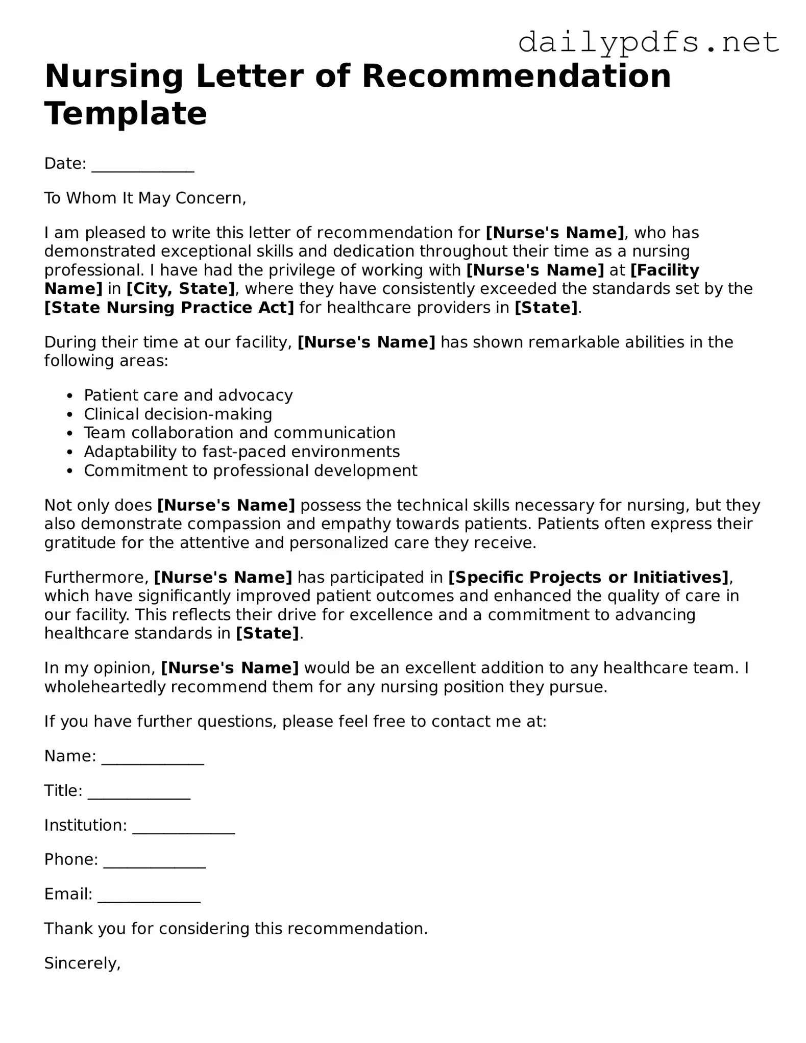 Printable Nursing Letter of Recommendation Document