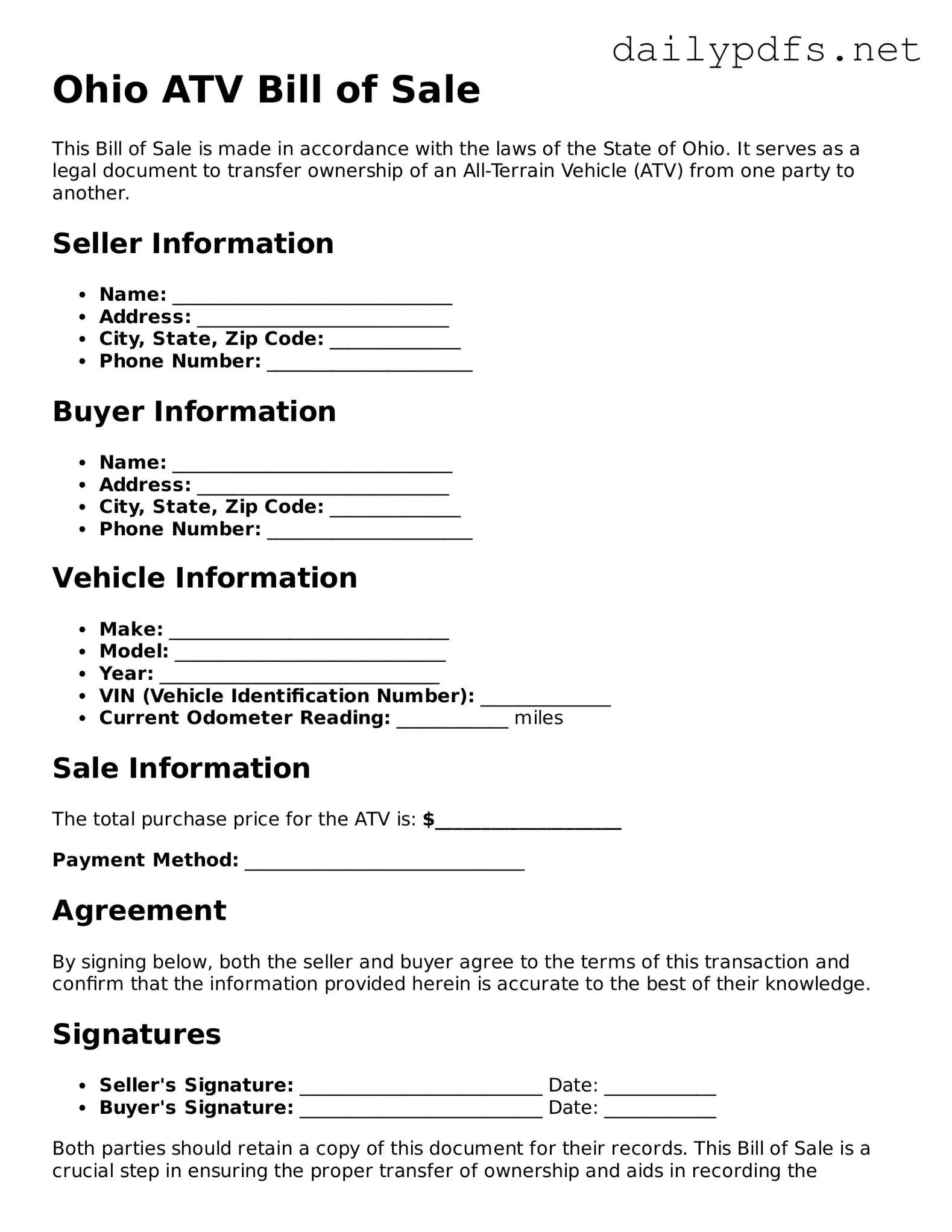 Free  ATV Bill of Sale Template for Ohio
