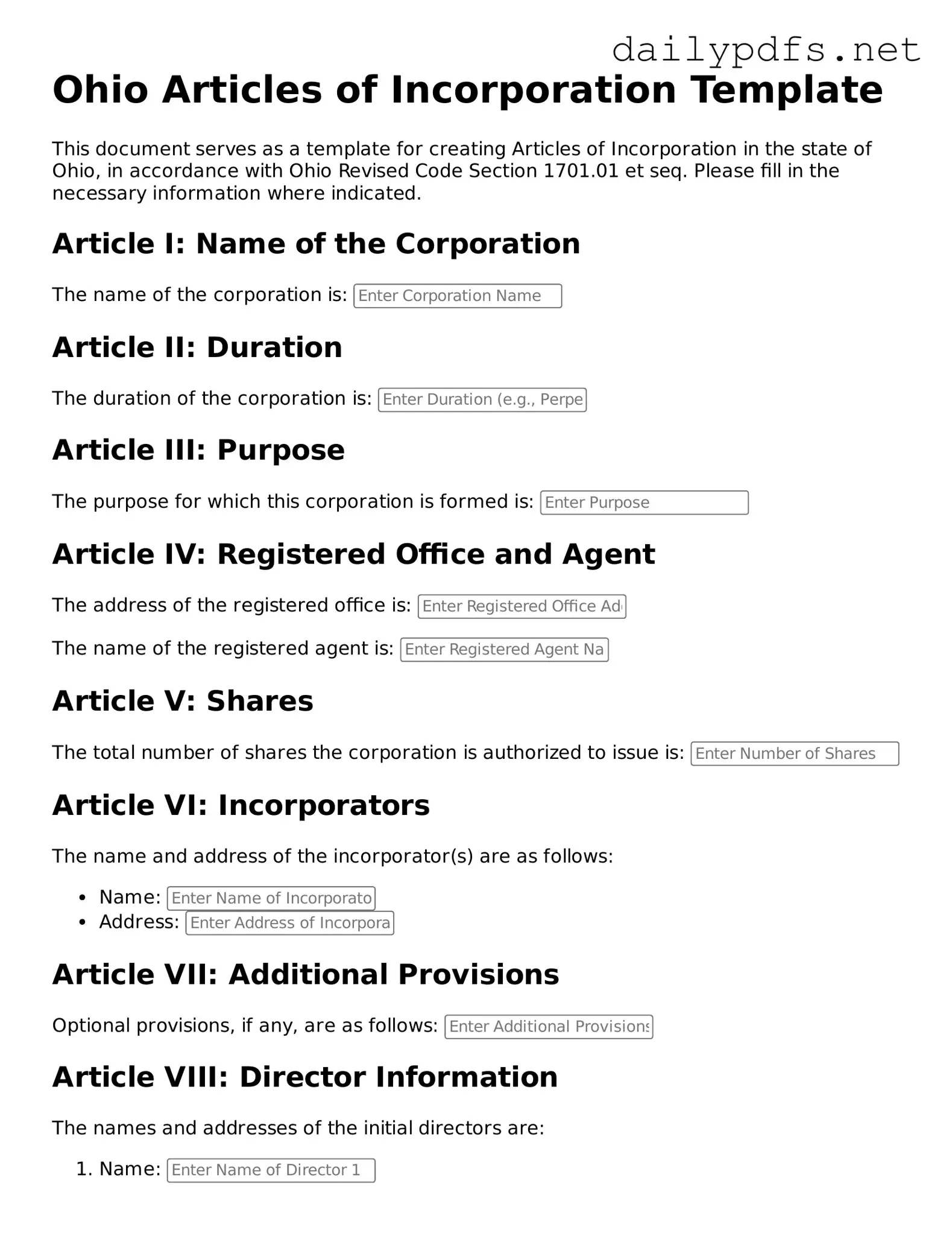 Free  Articles of Incorporation Template for Ohio