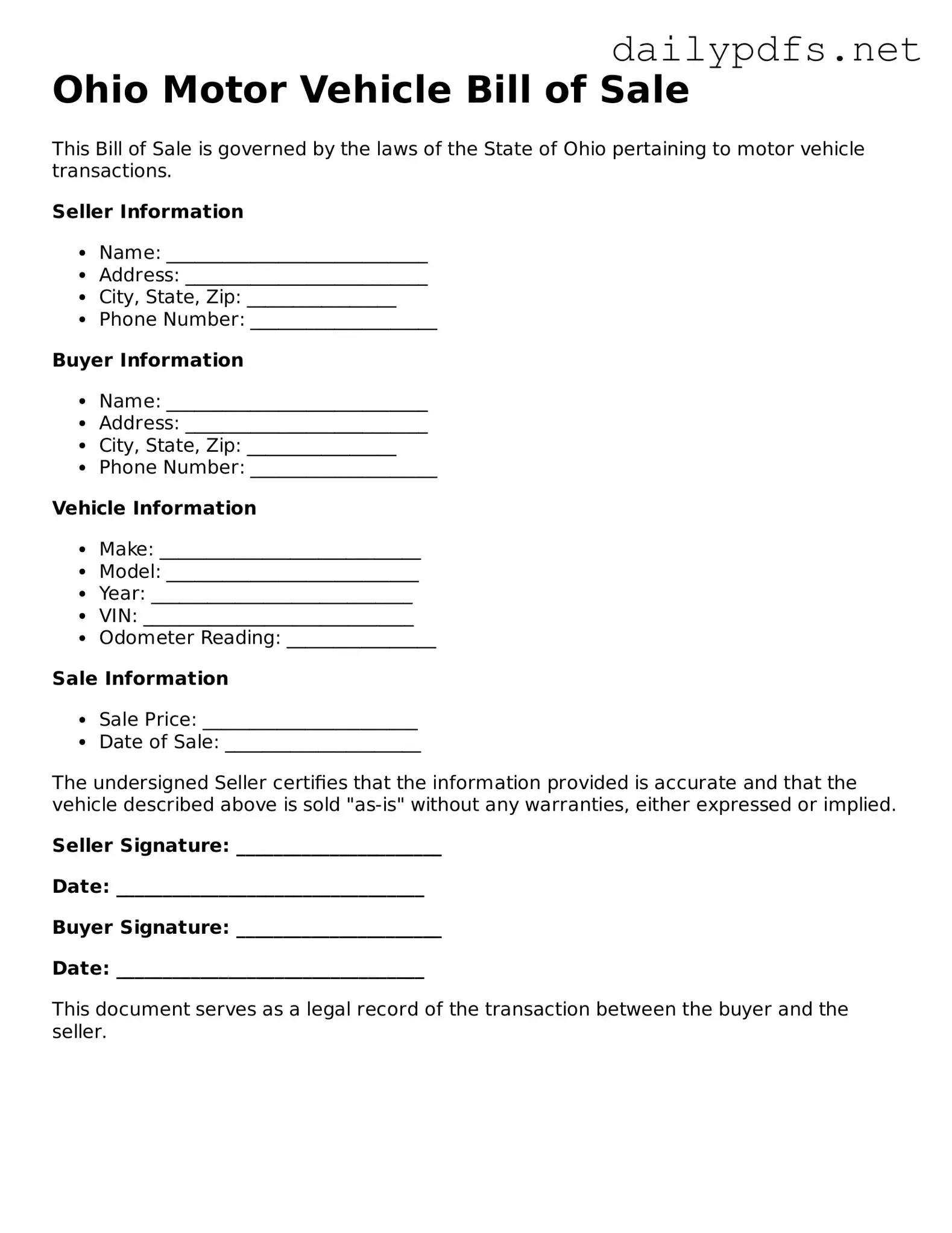 Free  Motor Vehicle Bill of Sale Template for Ohio