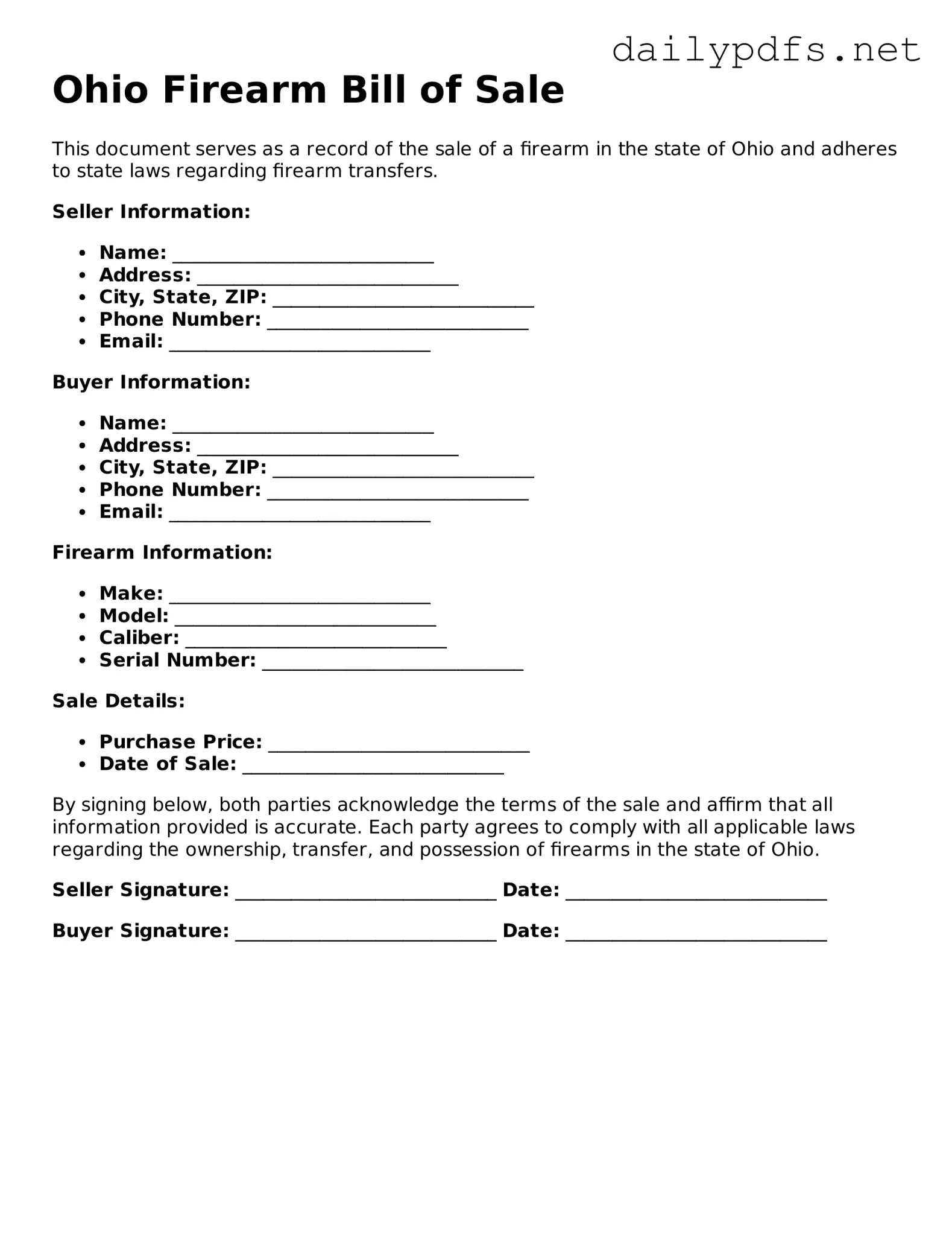 Free  Firearm Bill of Sale Template for Ohio