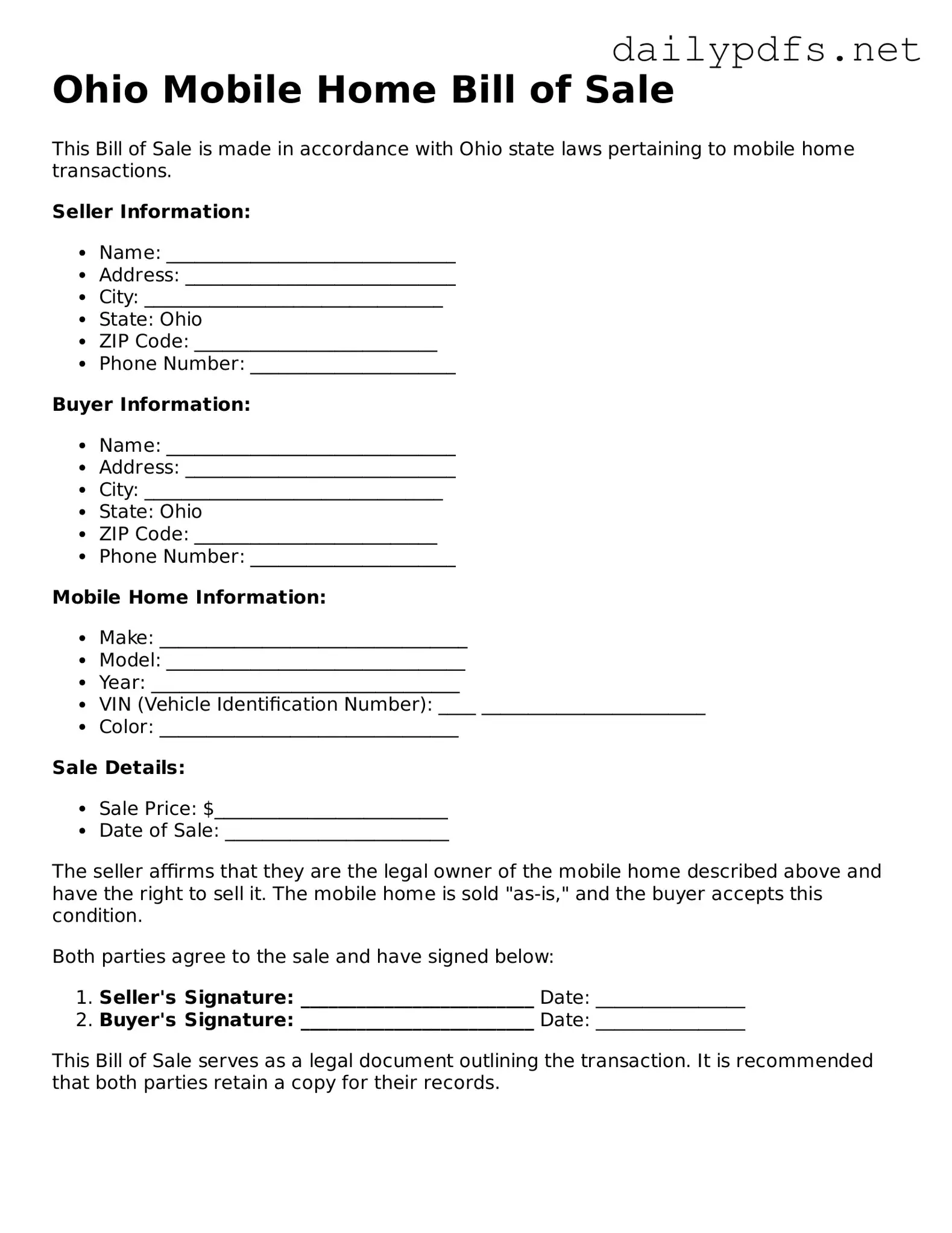 Free  Mobile Home Bill of Sale Template for Ohio