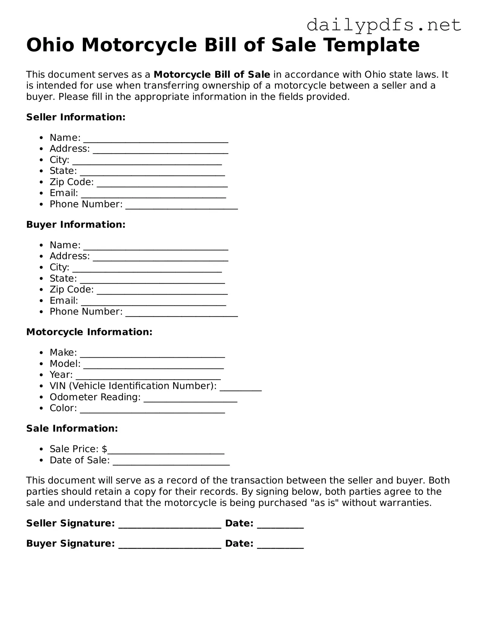 Free  Motorcycle Bill of Sale Template for Ohio