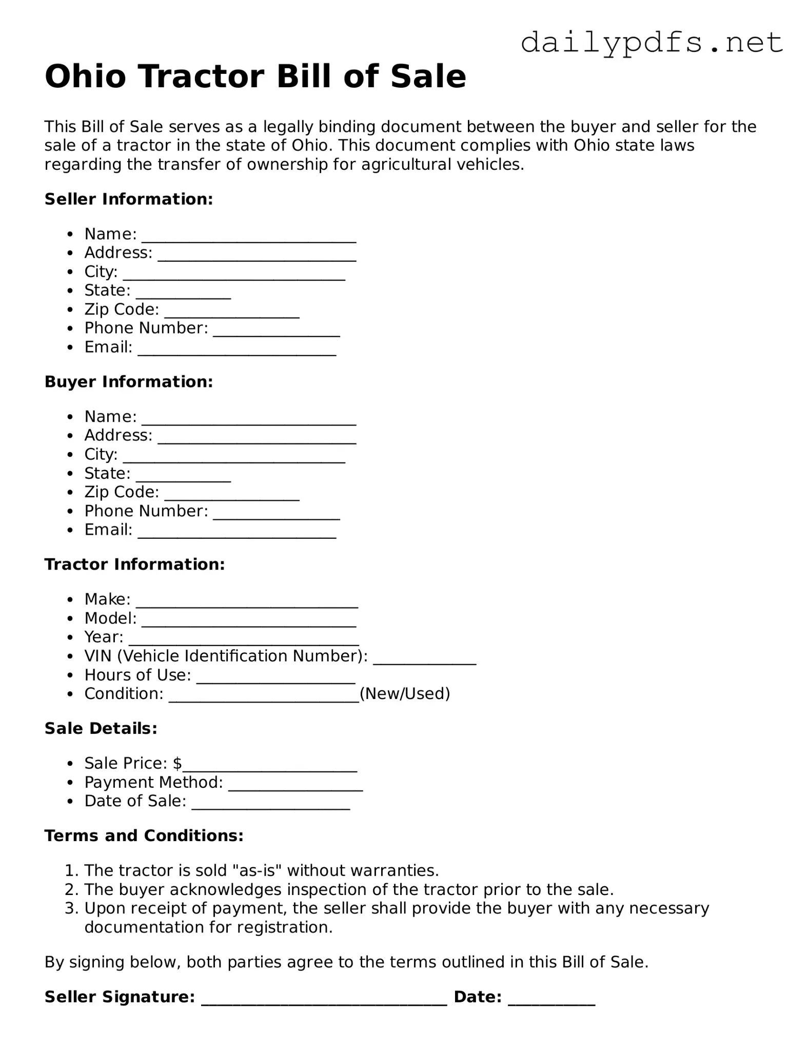 Free  Tractor Bill of Sale Template for Ohio