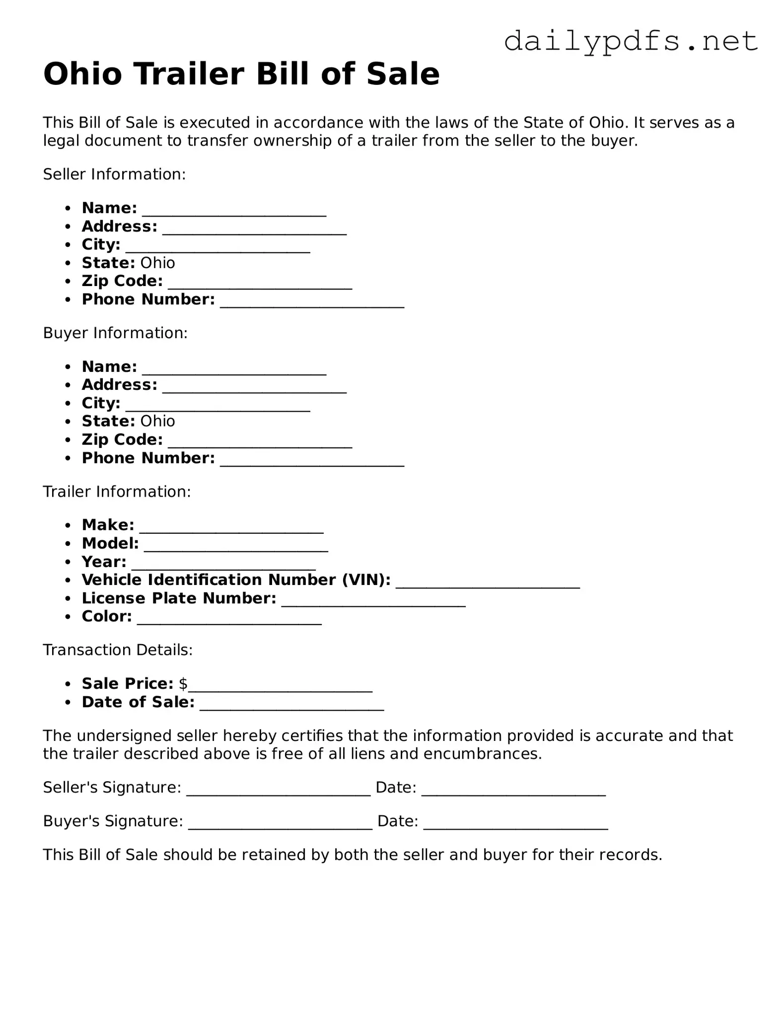 Free  Trailer Bill of Sale Template for Ohio