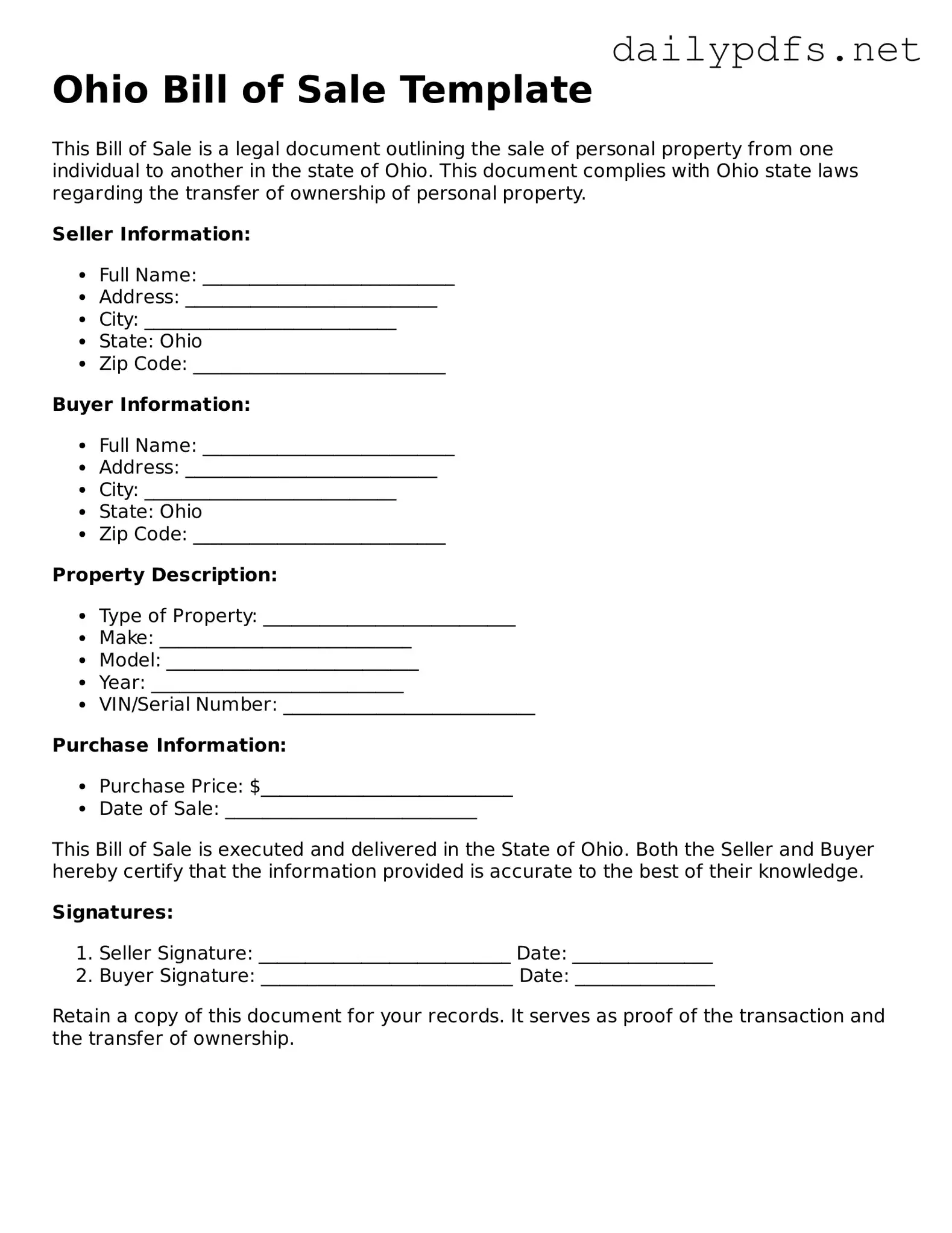Free  Bill of Sale Template for Ohio
