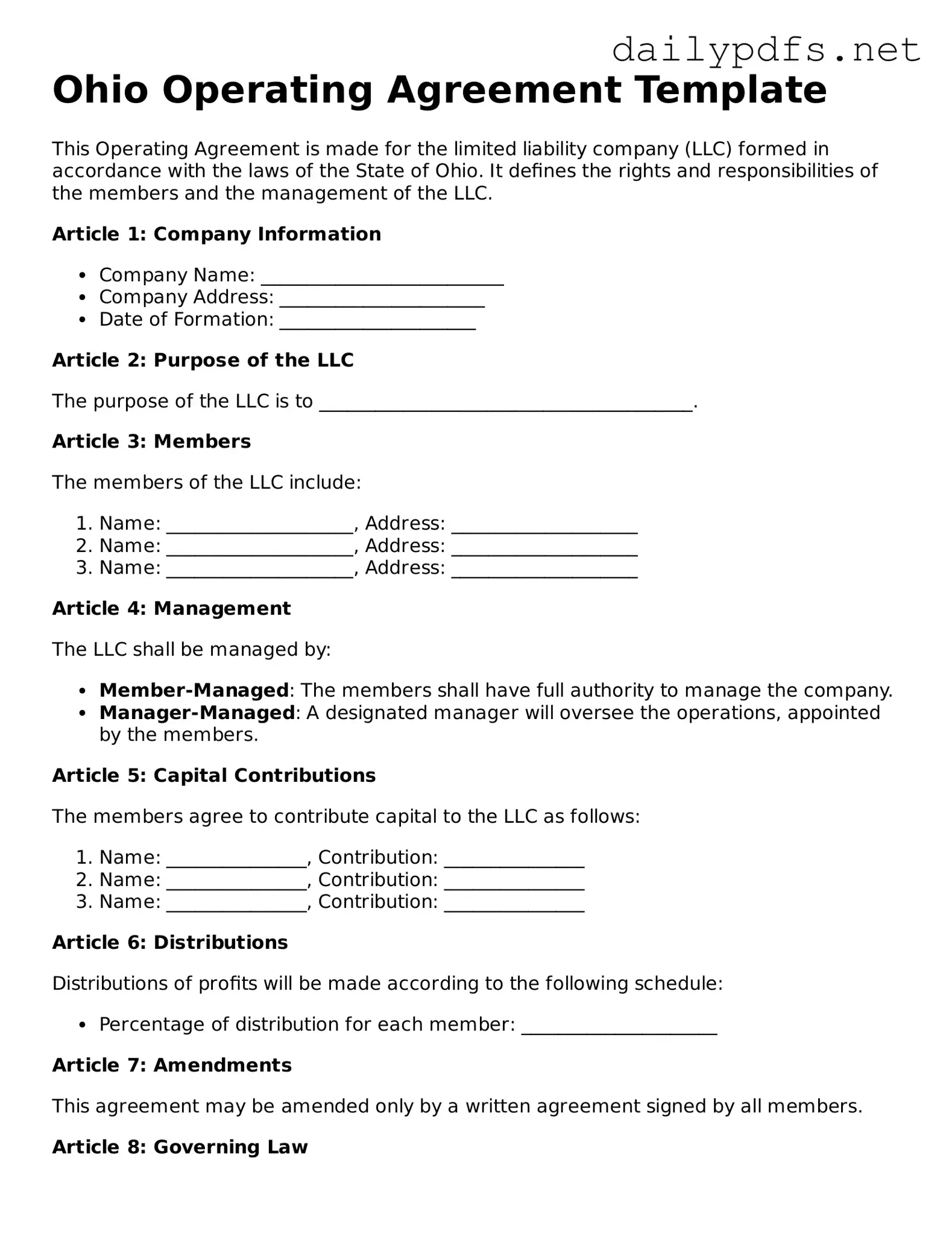 Free  Operating Agreement Template for Ohio
