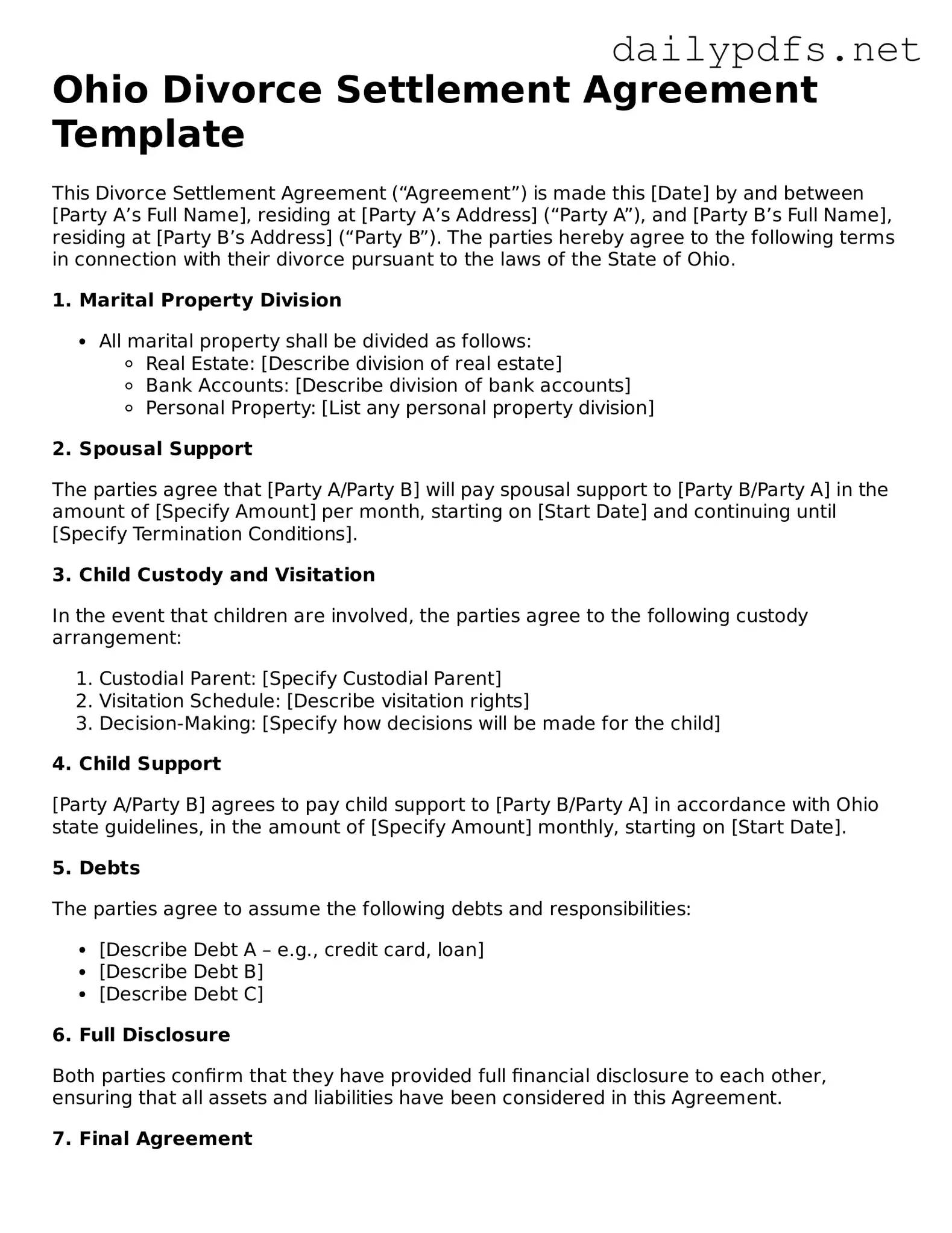 Free  Divorce Settlement Agreement Template for Ohio