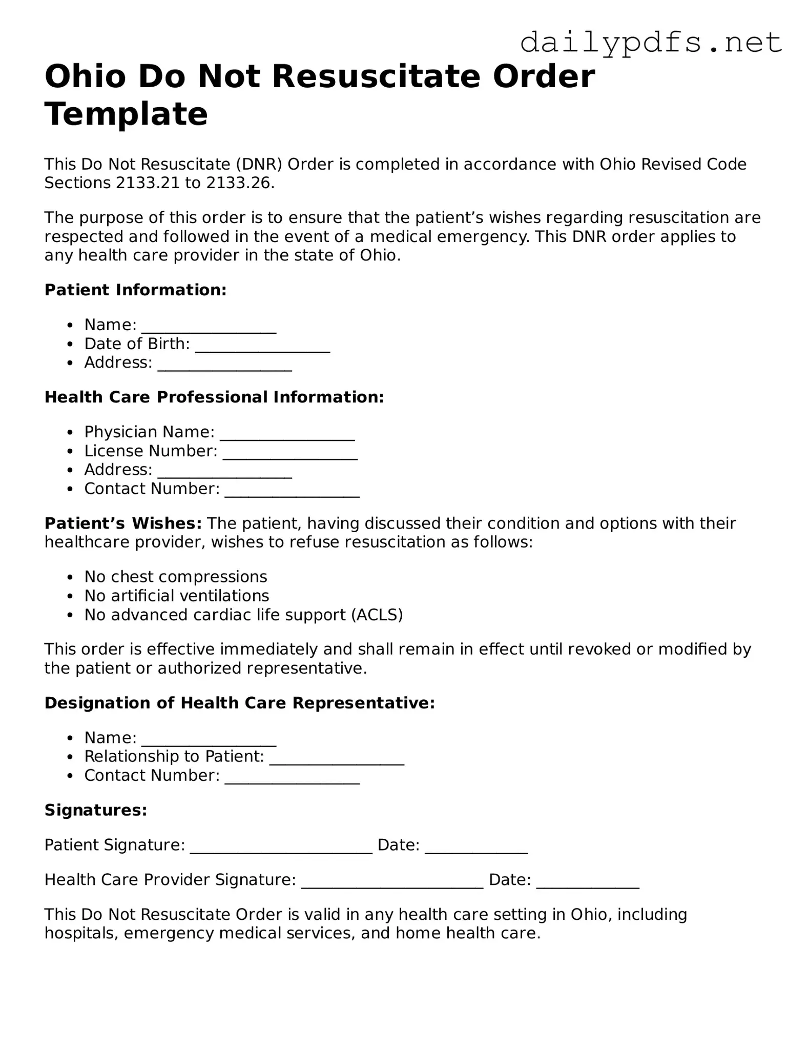 Free  Do Not Resuscitate Order Template for Ohio