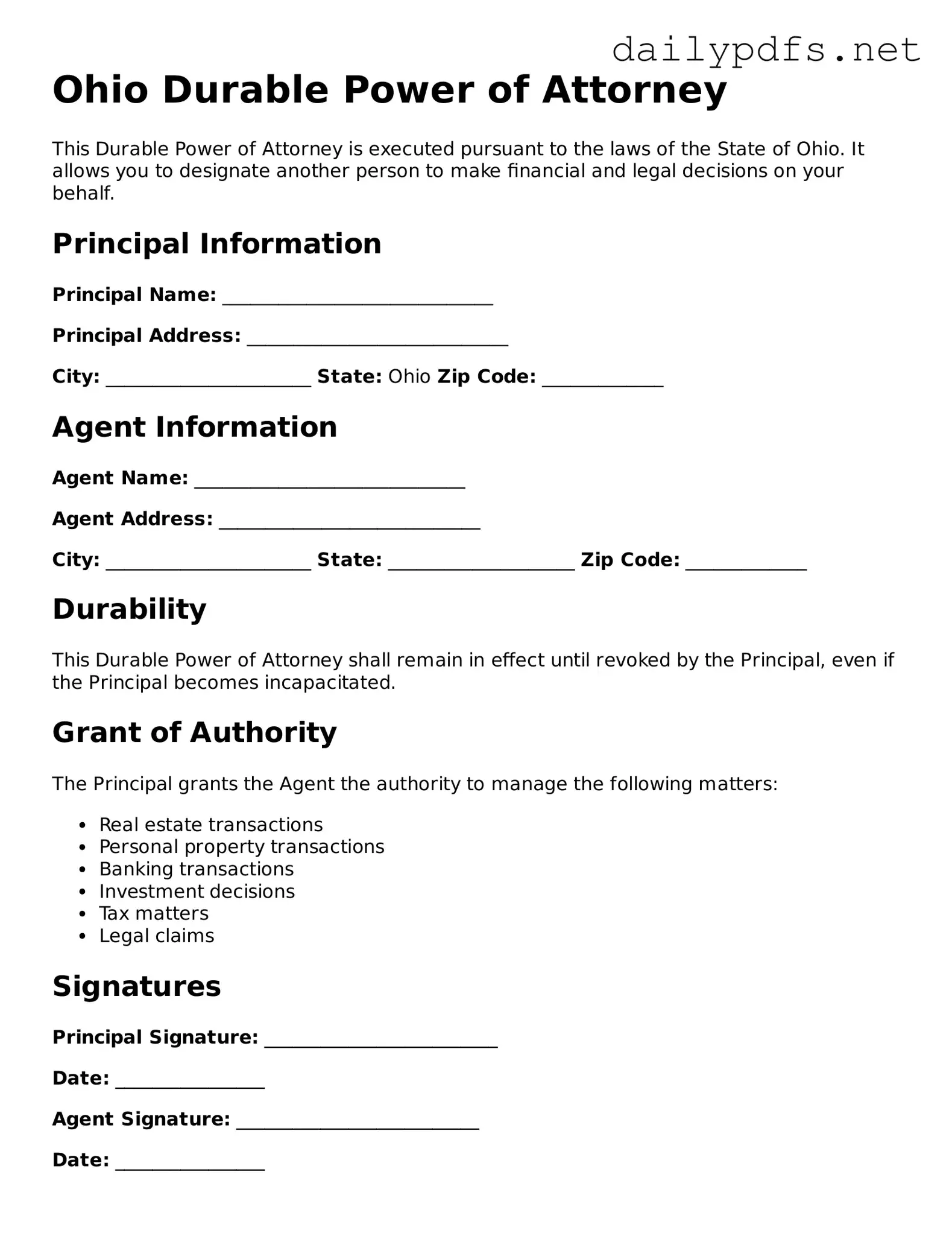 Free  Durable Power of Attorney Template for Ohio