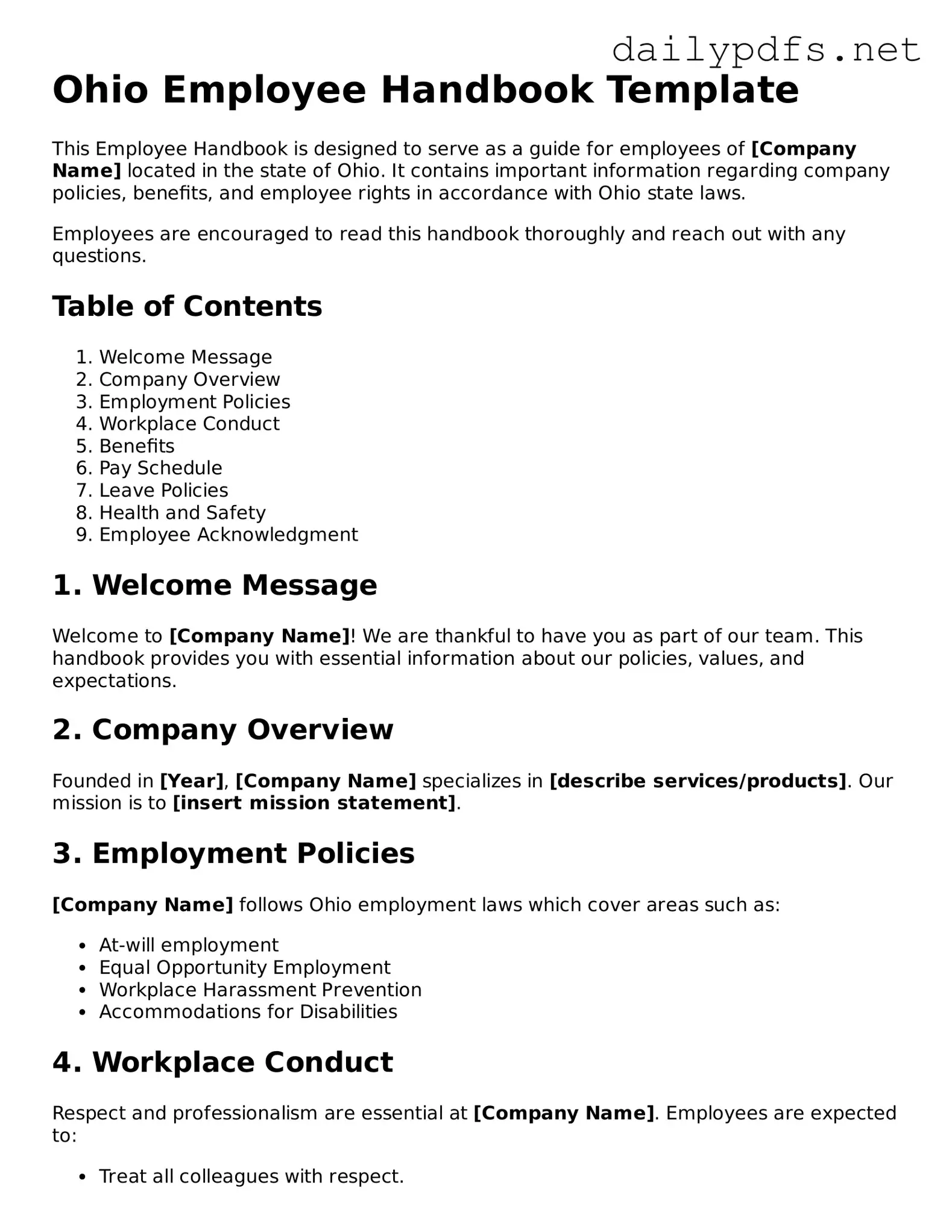 Free  Employee Handbook Template for Ohio