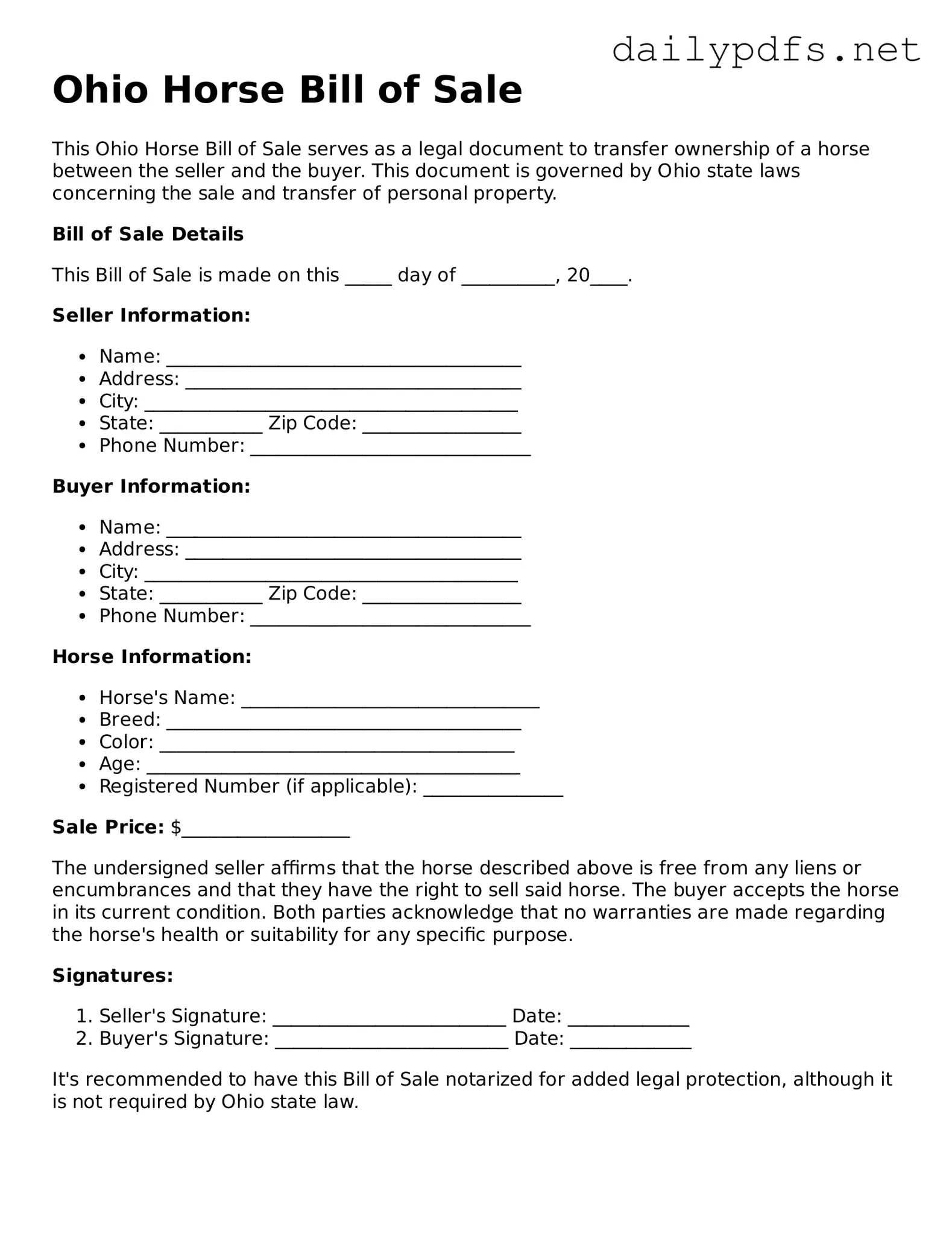 Free  Horse Bill of Sale Template for Ohio