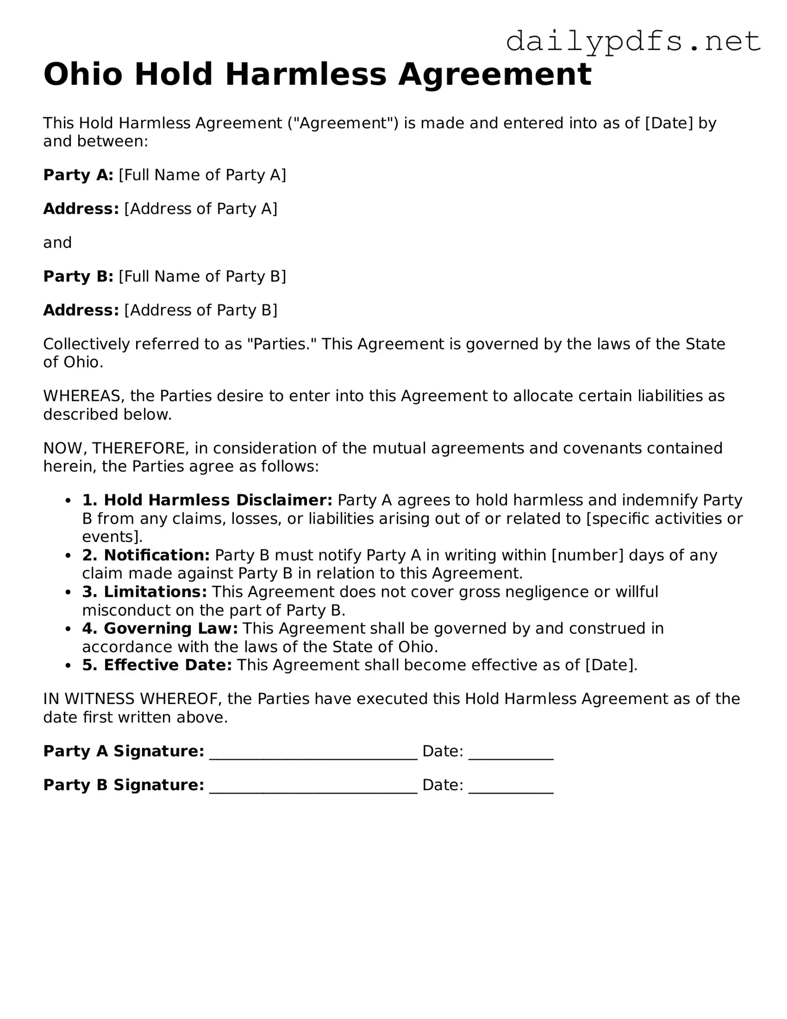 Free  Hold Harmless Agreement Template for Ohio