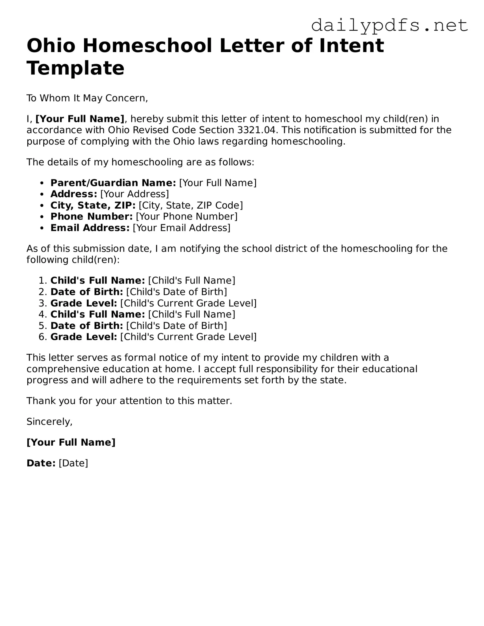 Free  Homeschool Letter of Intent Template for Ohio