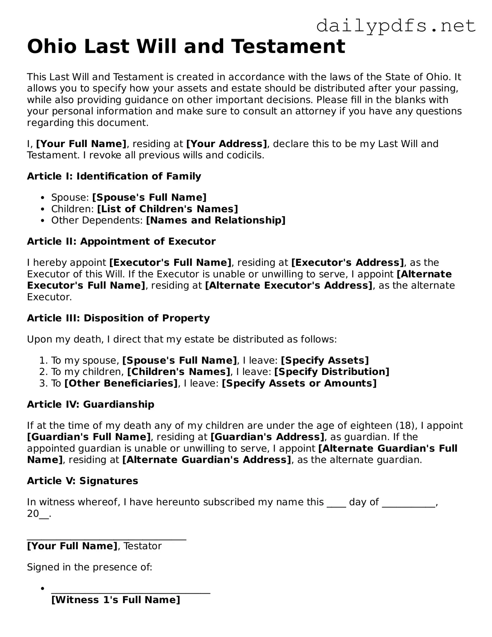 Free  Last Will and Testament Template for Ohio