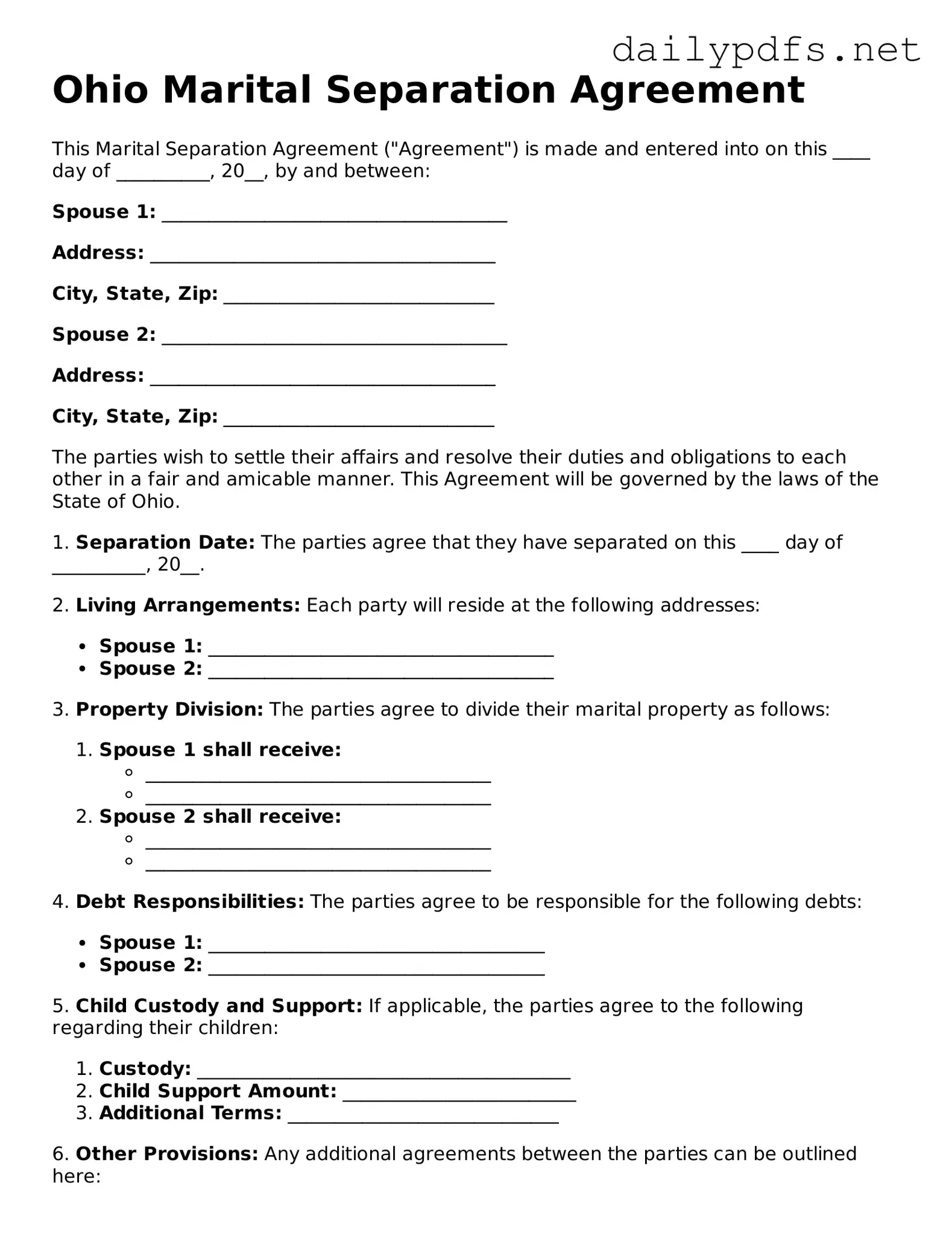 Free  Marital Separation Agreement Template for Ohio