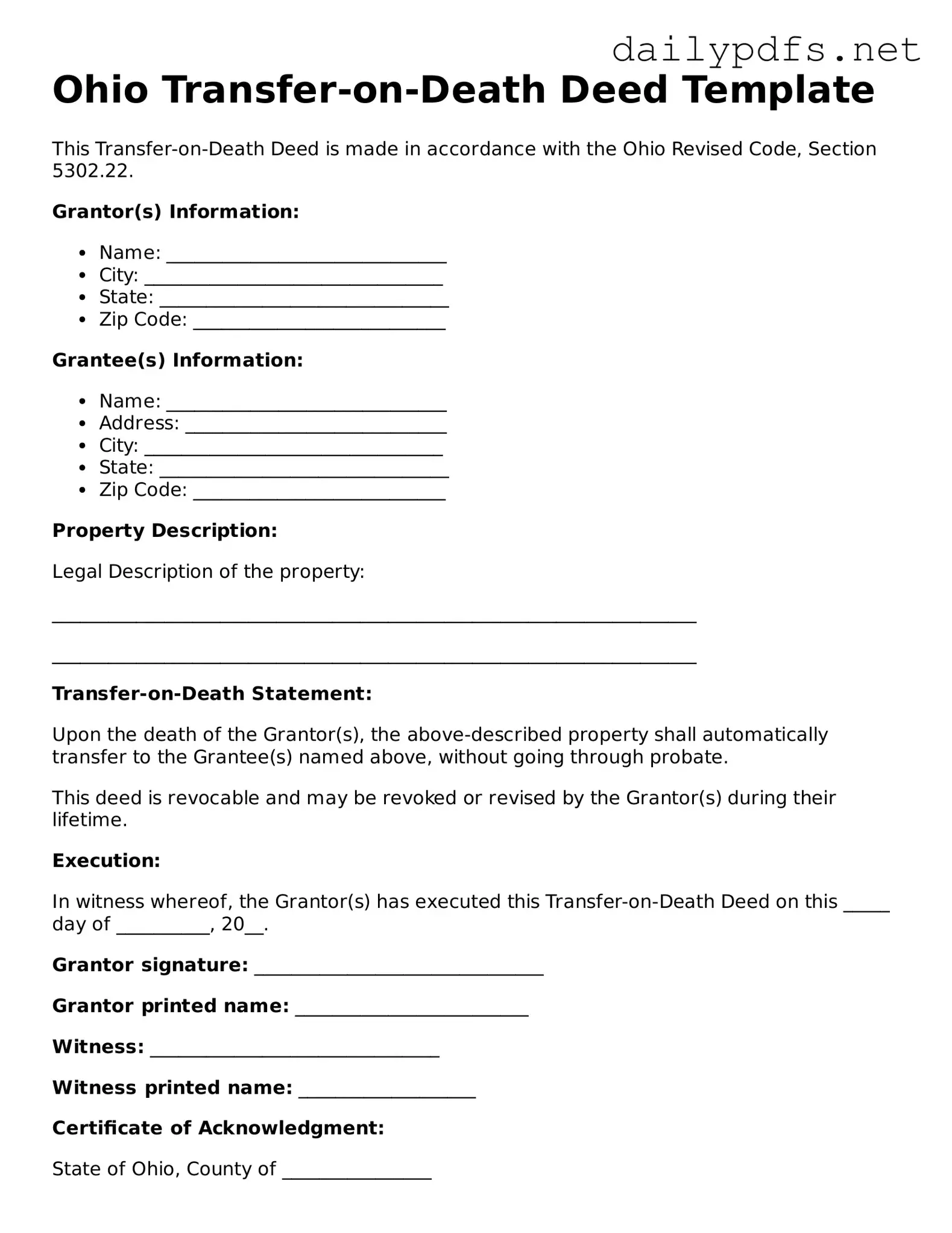 Free  Transfer-on-Death Deed Template for Ohio