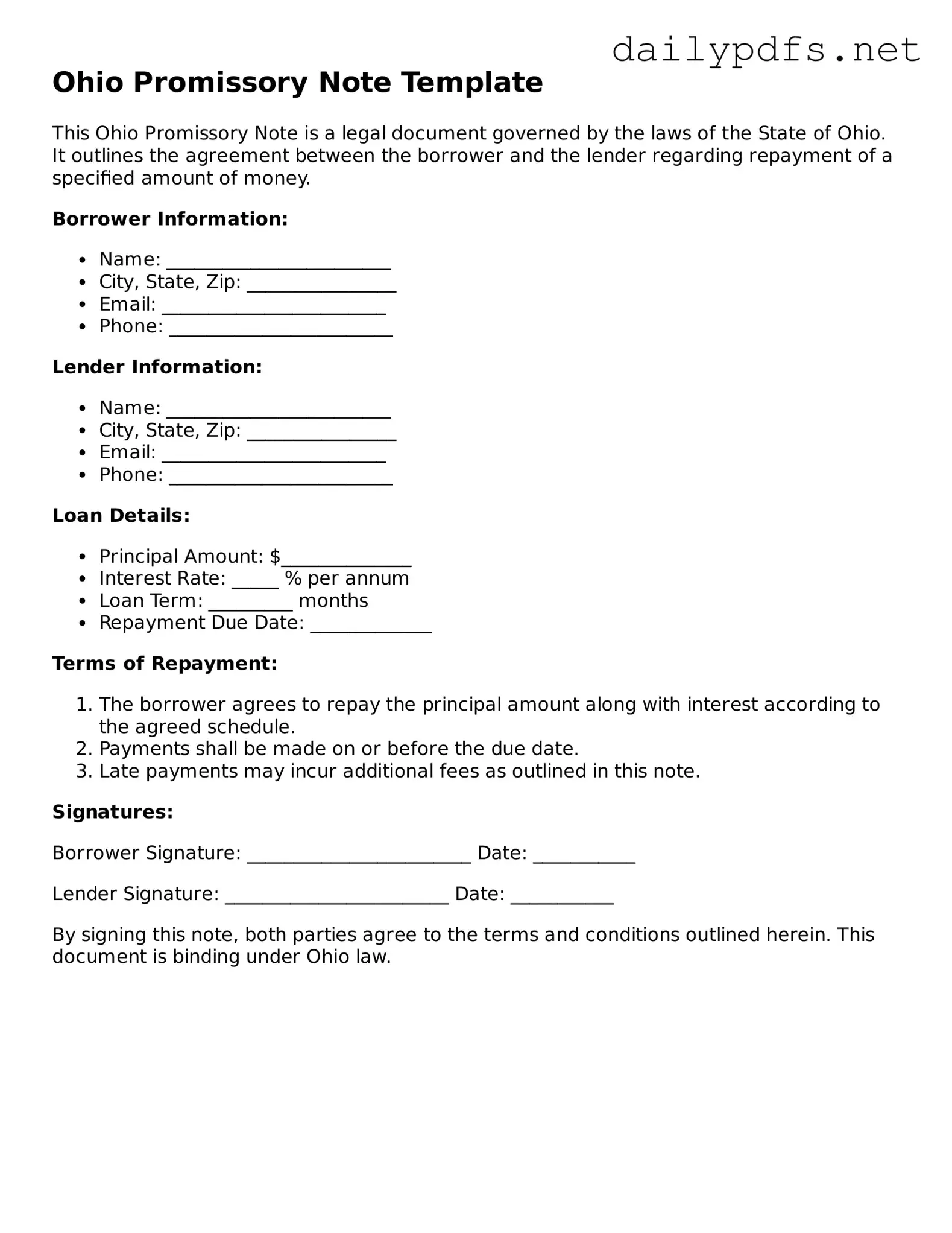 Free  Promissory Note Template for Ohio