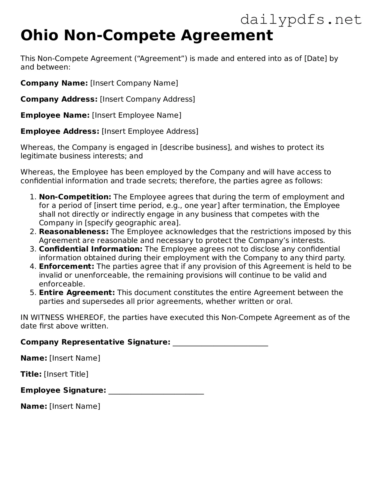 Free  Non-compete Agreement Template for Ohio