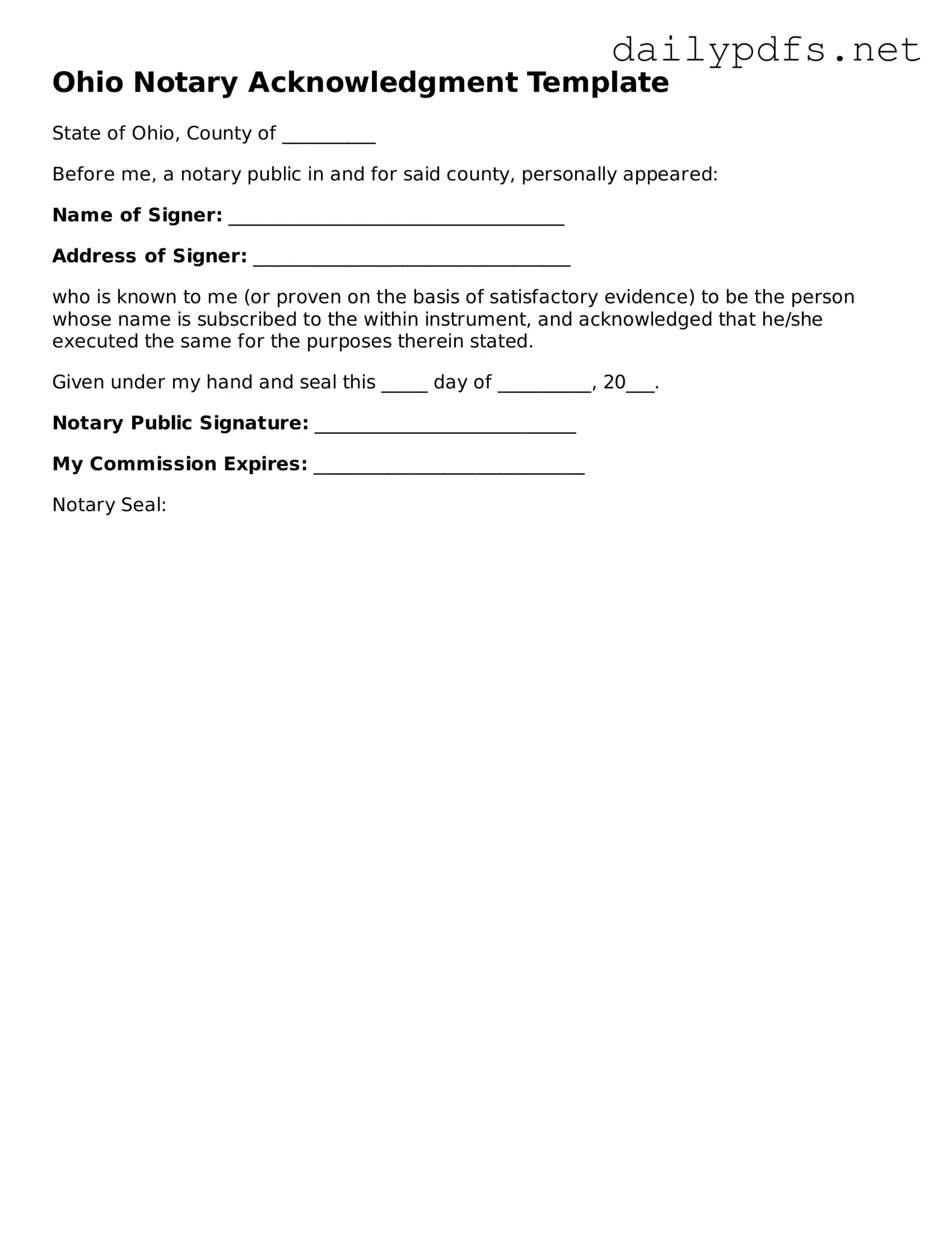 Free  Notary Acknowledgement Template for Ohio