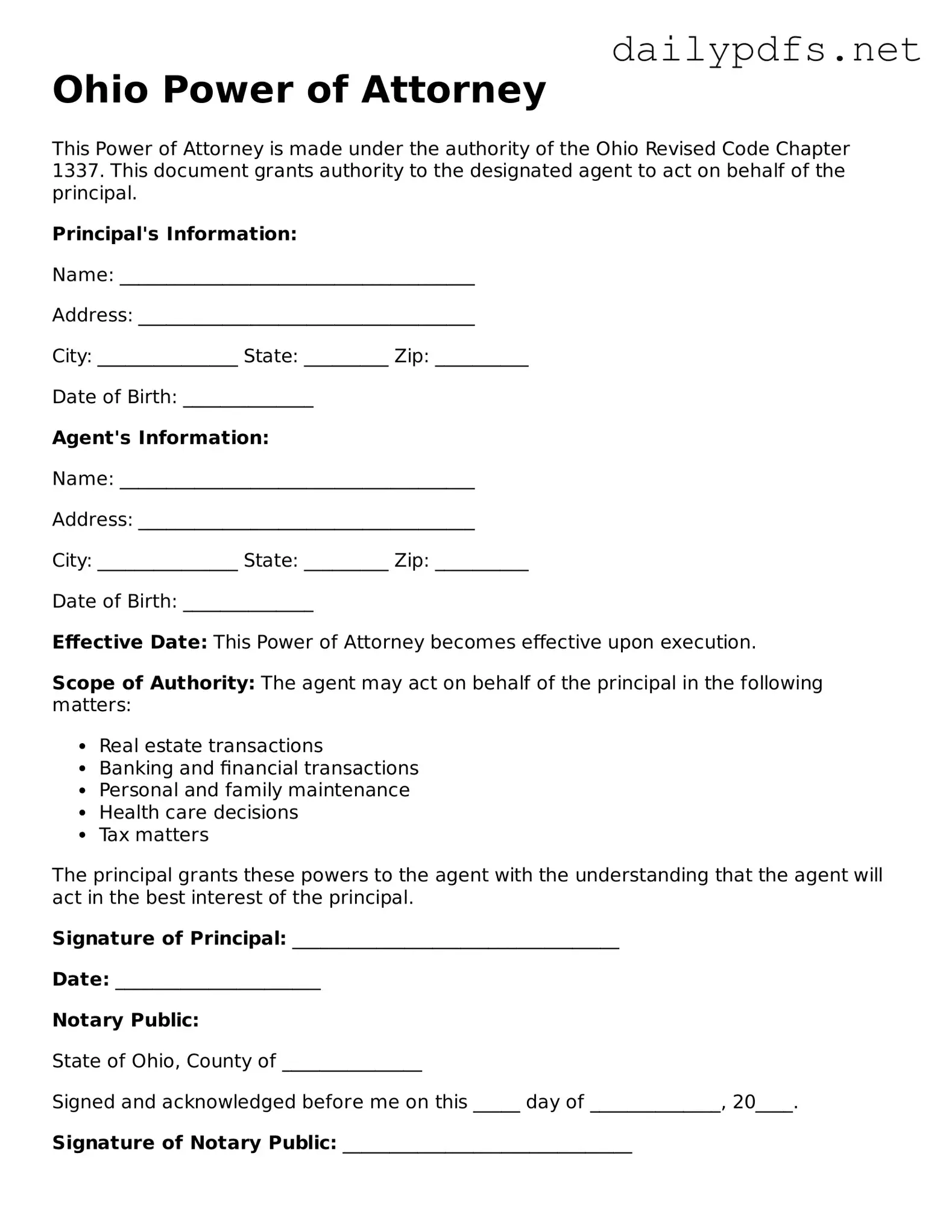 Free  Power of Attorney Template for Ohio