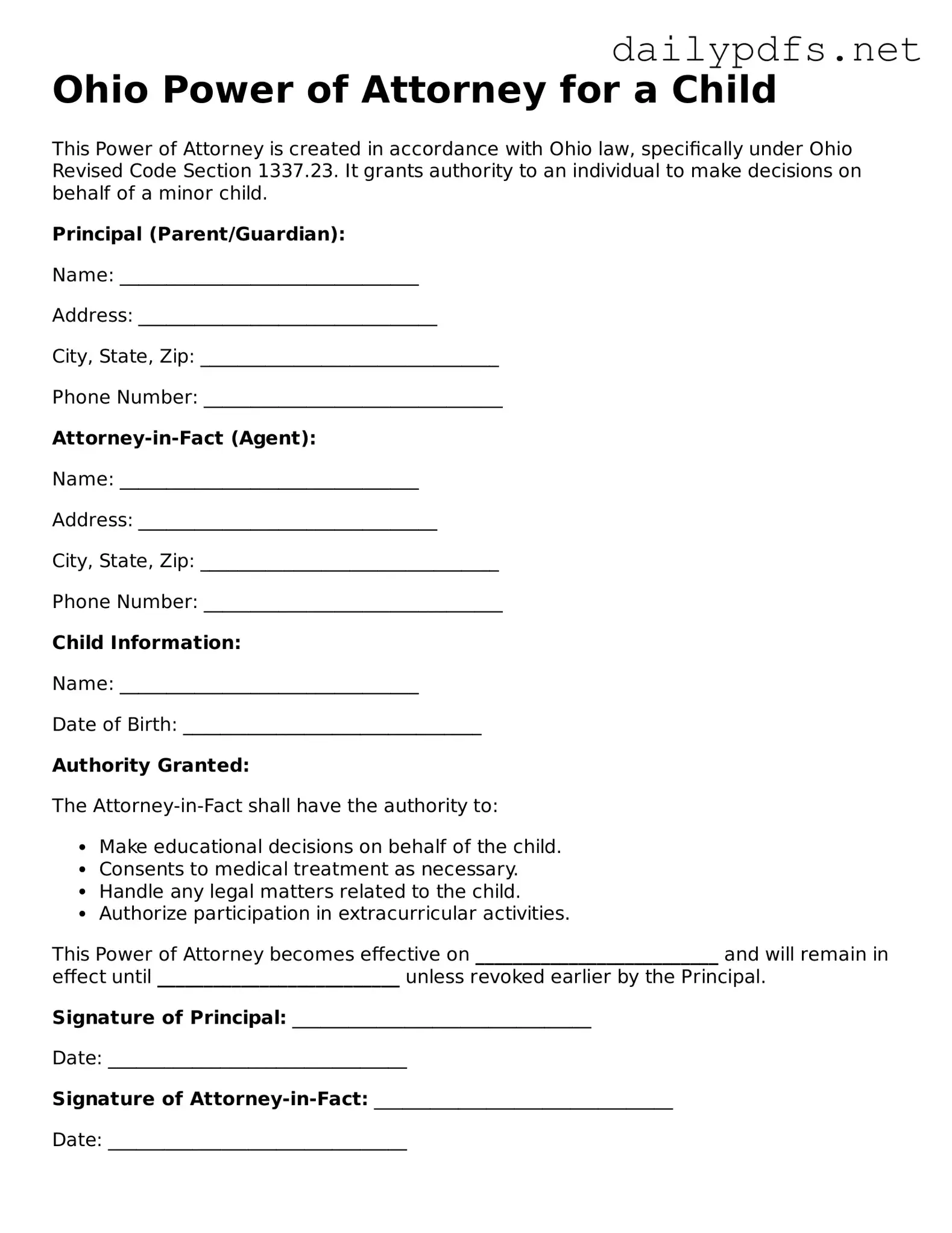Free  Power of Attorney for a Child Template for Ohio