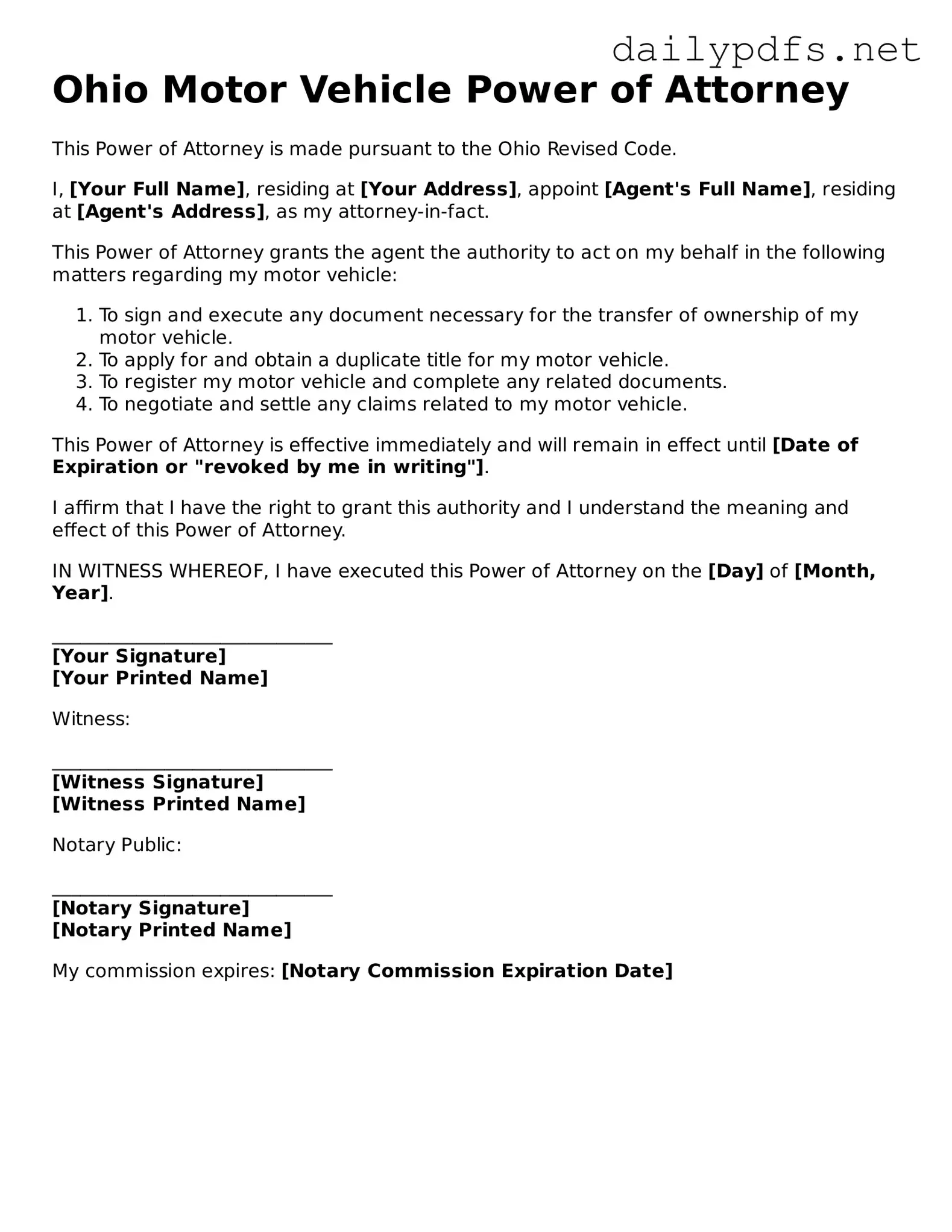 Free  Motor Vehicle Power of Attorney Template for Ohio