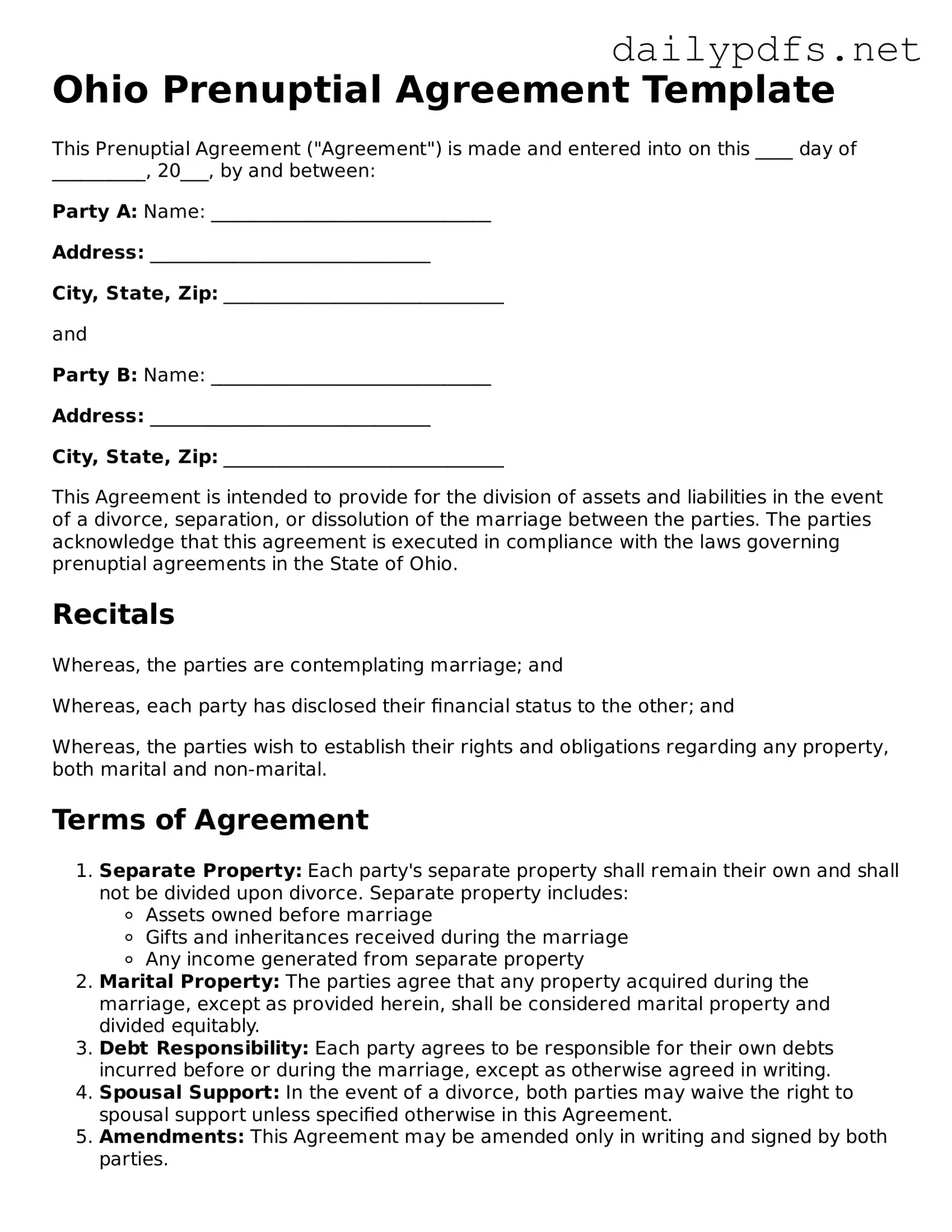 Free  Prenuptial Agreement Template for Ohio