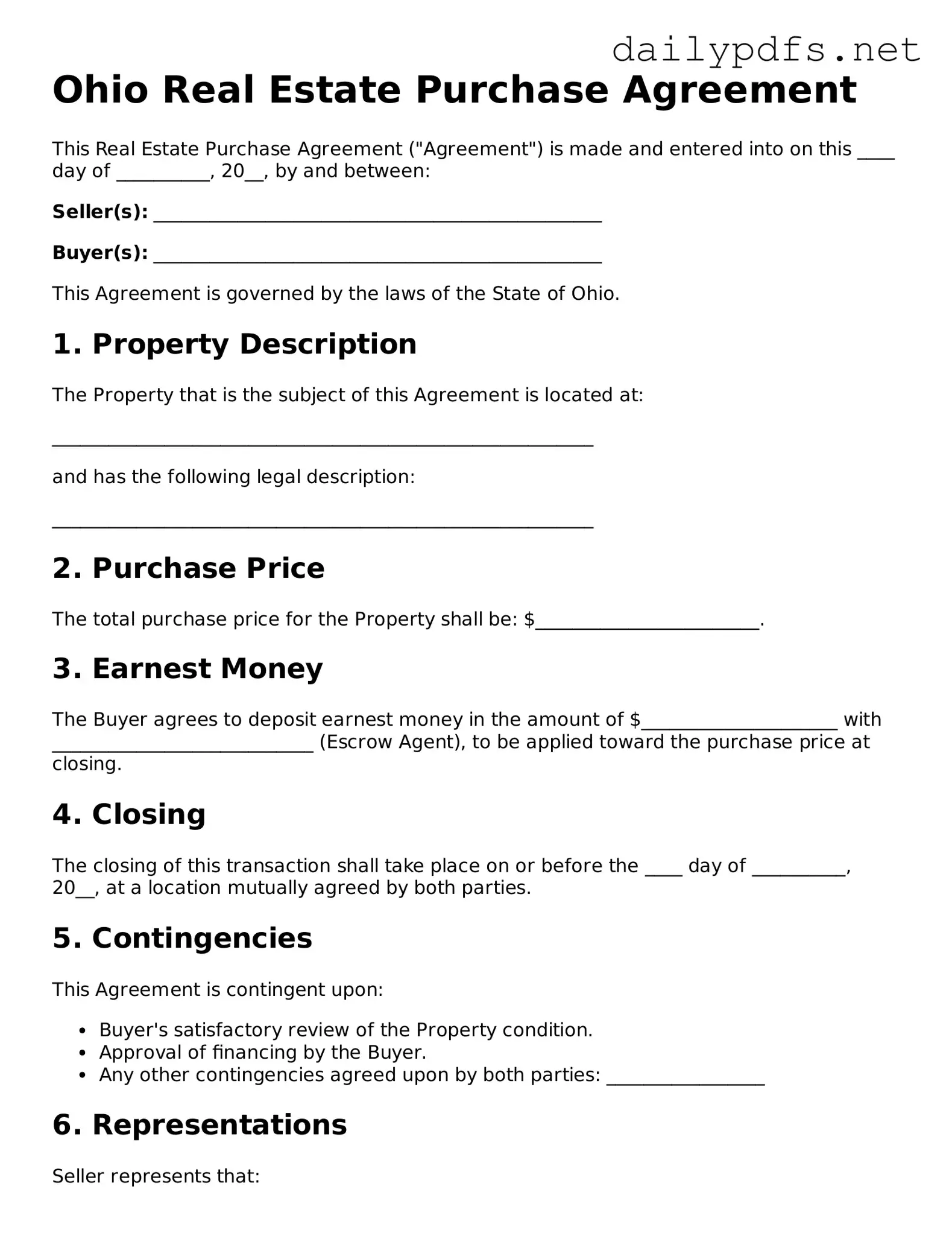 Free  Real Estate Purchase Agreement Template for Ohio