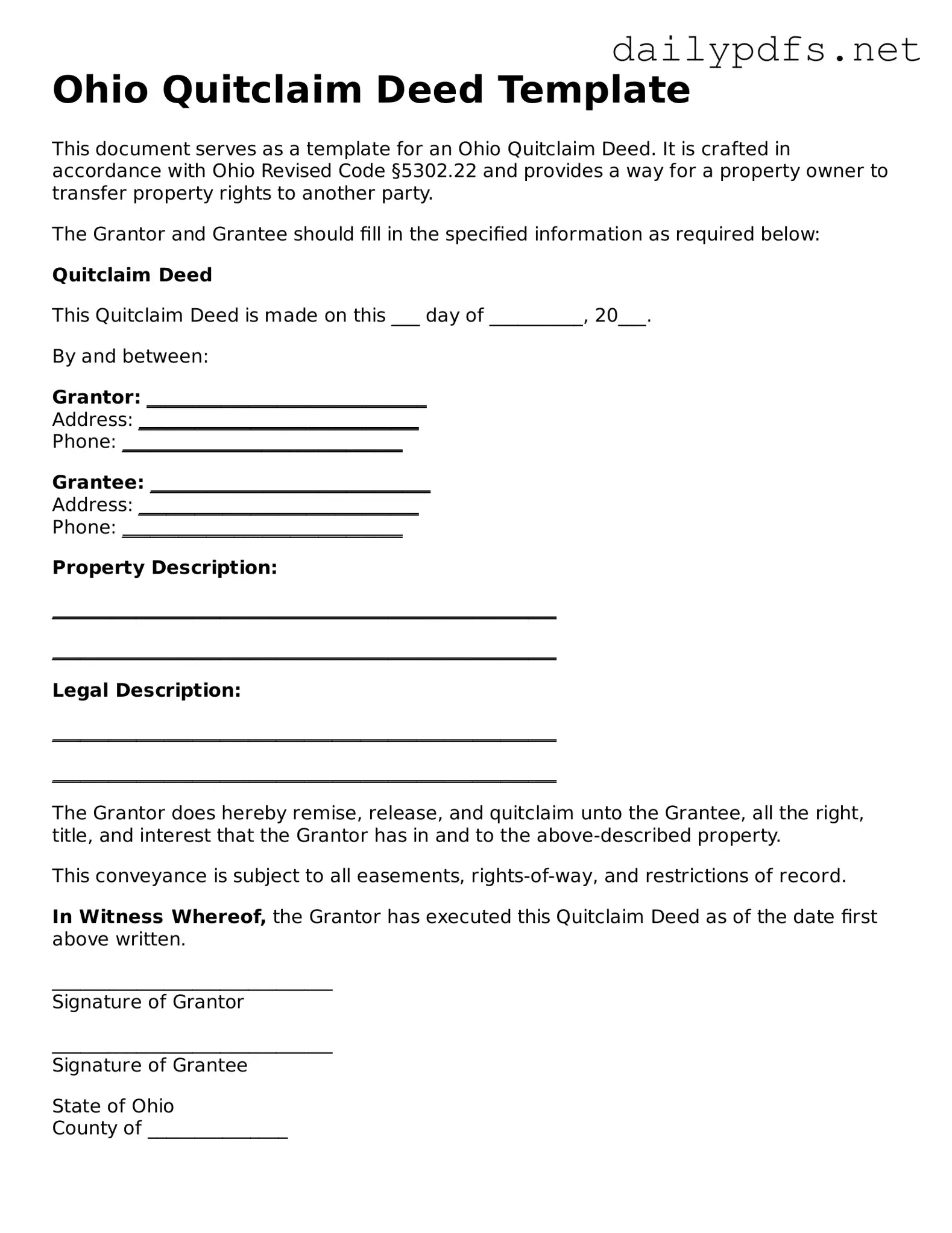 Free  Quitclaim Deed Template for Ohio